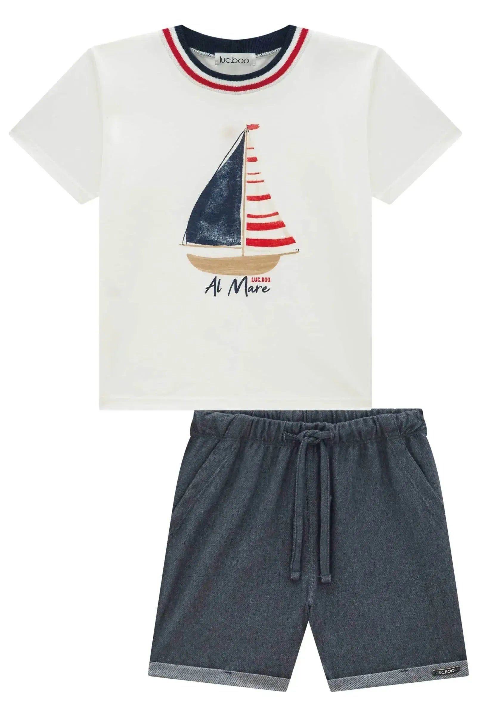 Conjunto de Camiseta em Meia Malha e Bermuda em Cotton Jeans com Elastano 95450 LucBoo Infantil Menino