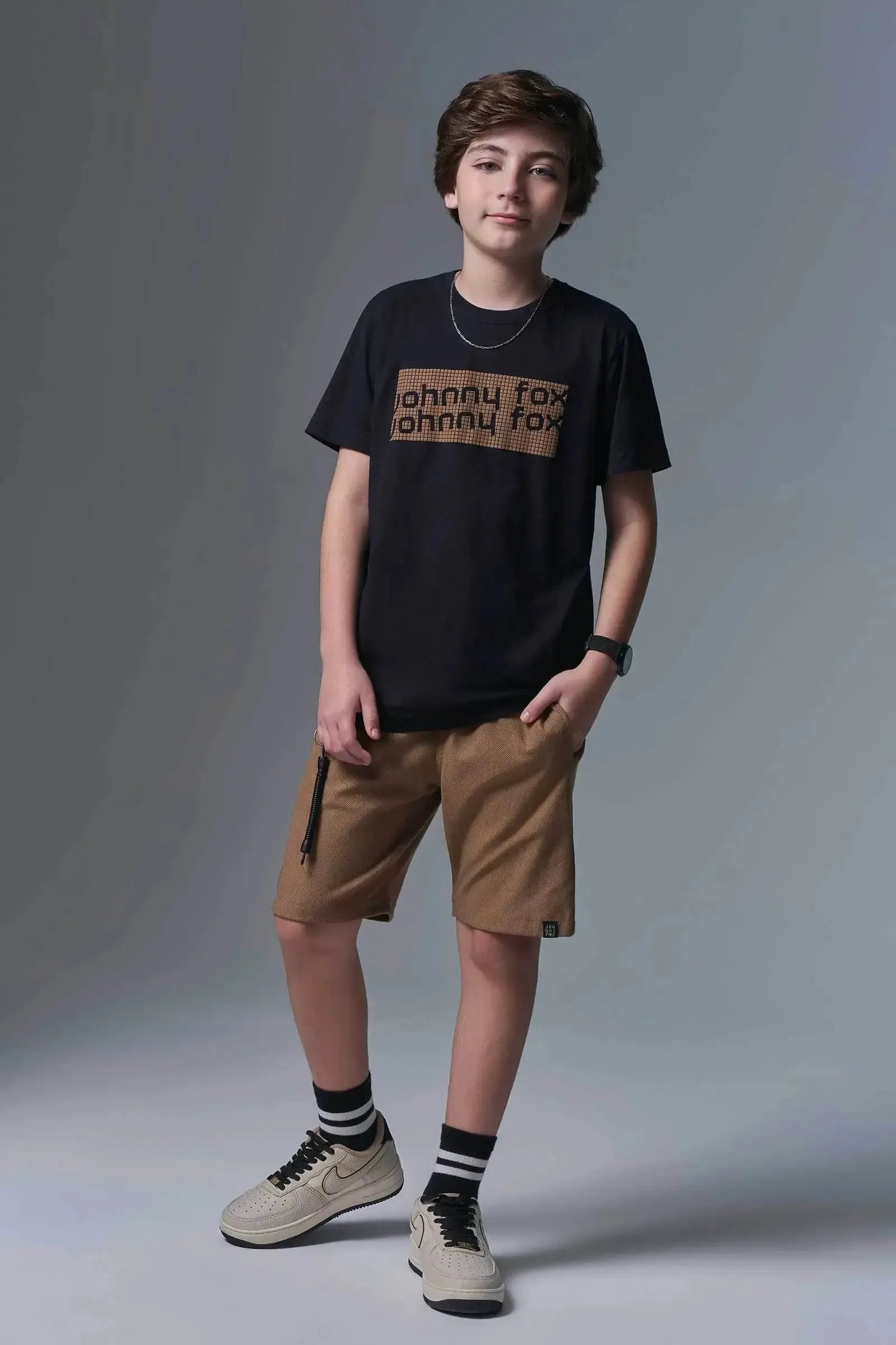 Conjunto de Camiseta em Meia Malha e Bermuda em Cotton Jeans com Elastano 96850 Johnny Fox Teen Menino