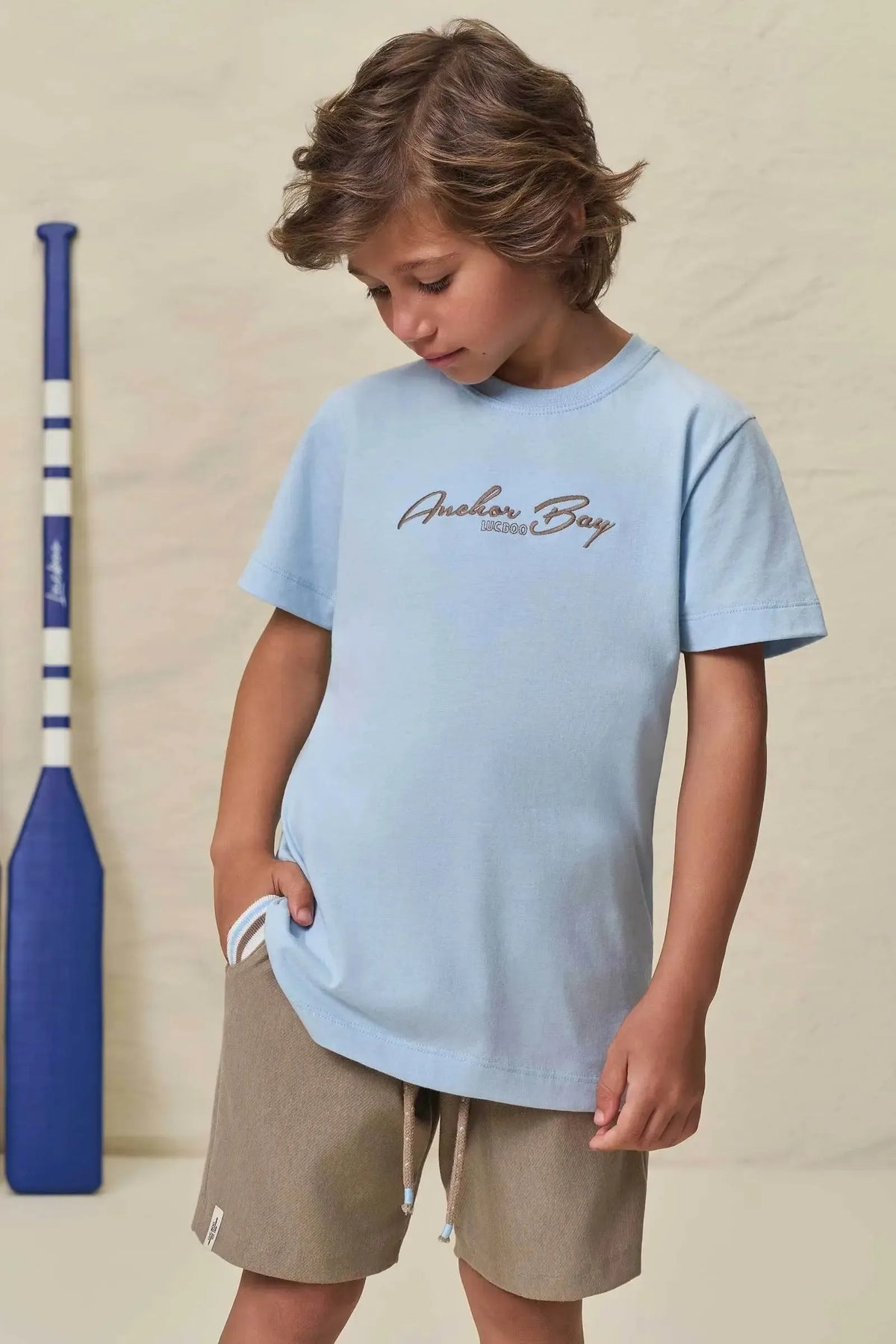 Conjunto de Camiseta em Meia Malha e Bermuda em Cotton Jeans com Elastano 99420 LucBoo Infantil Menino