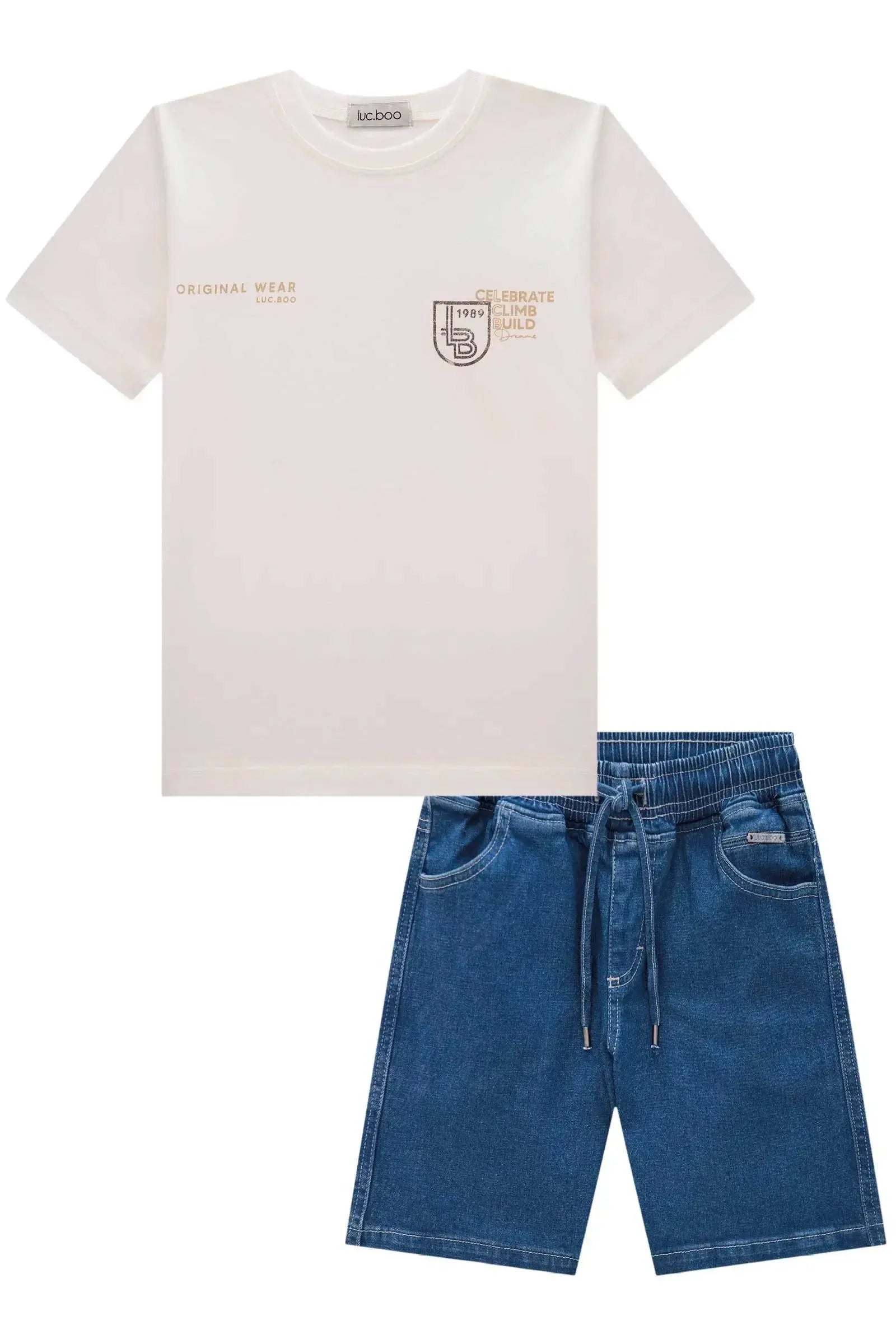 Conjunto de Camiseta em Meia Malha e Bermuda em Jeans Guga com Elastano 85268 LucBoo Infantil Menino
