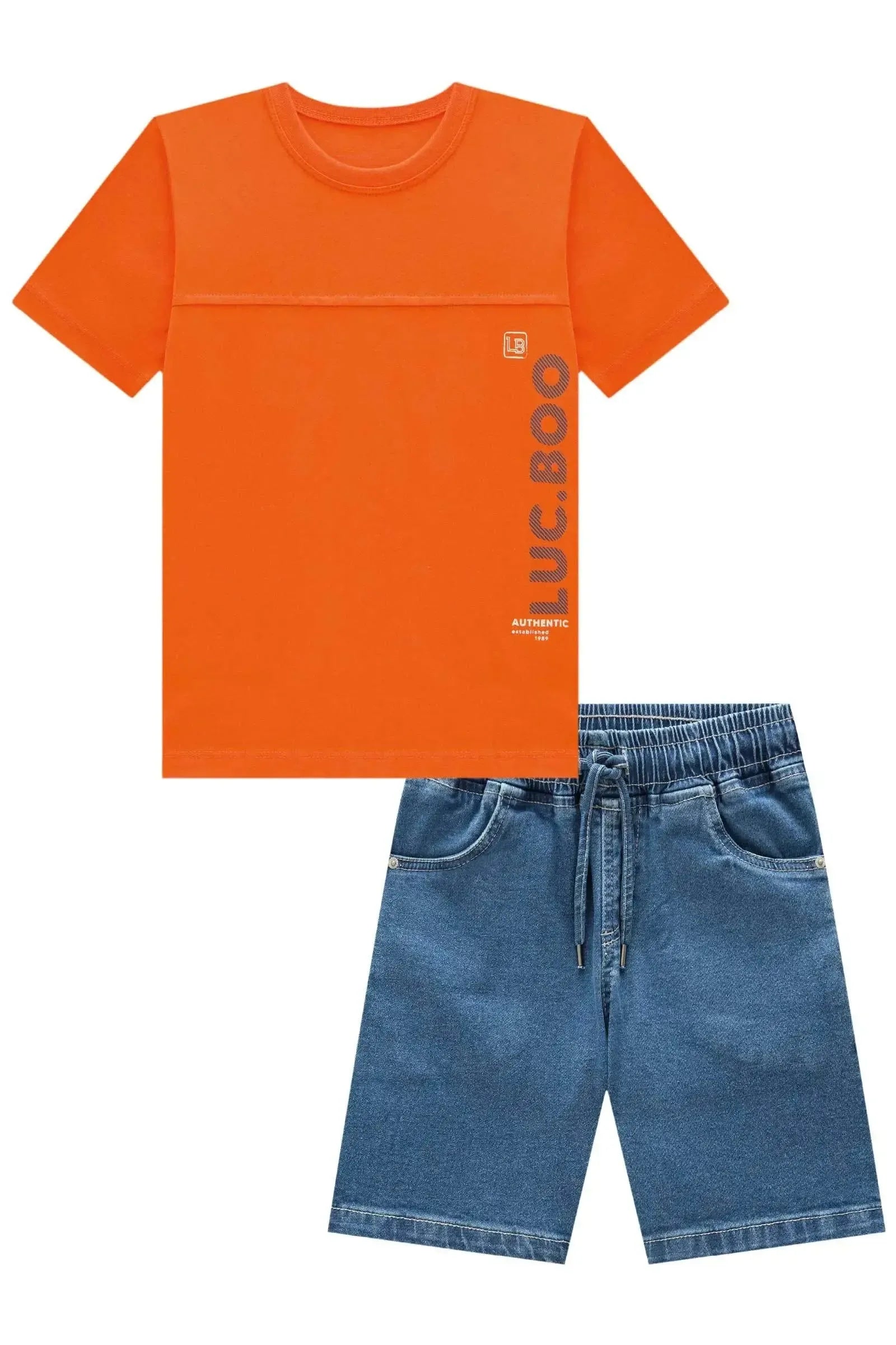 Conjunto de Camiseta em Meia Malha e Bermuda em Jeans Guga com Elastano 92412 LucBoo Infantil Menino