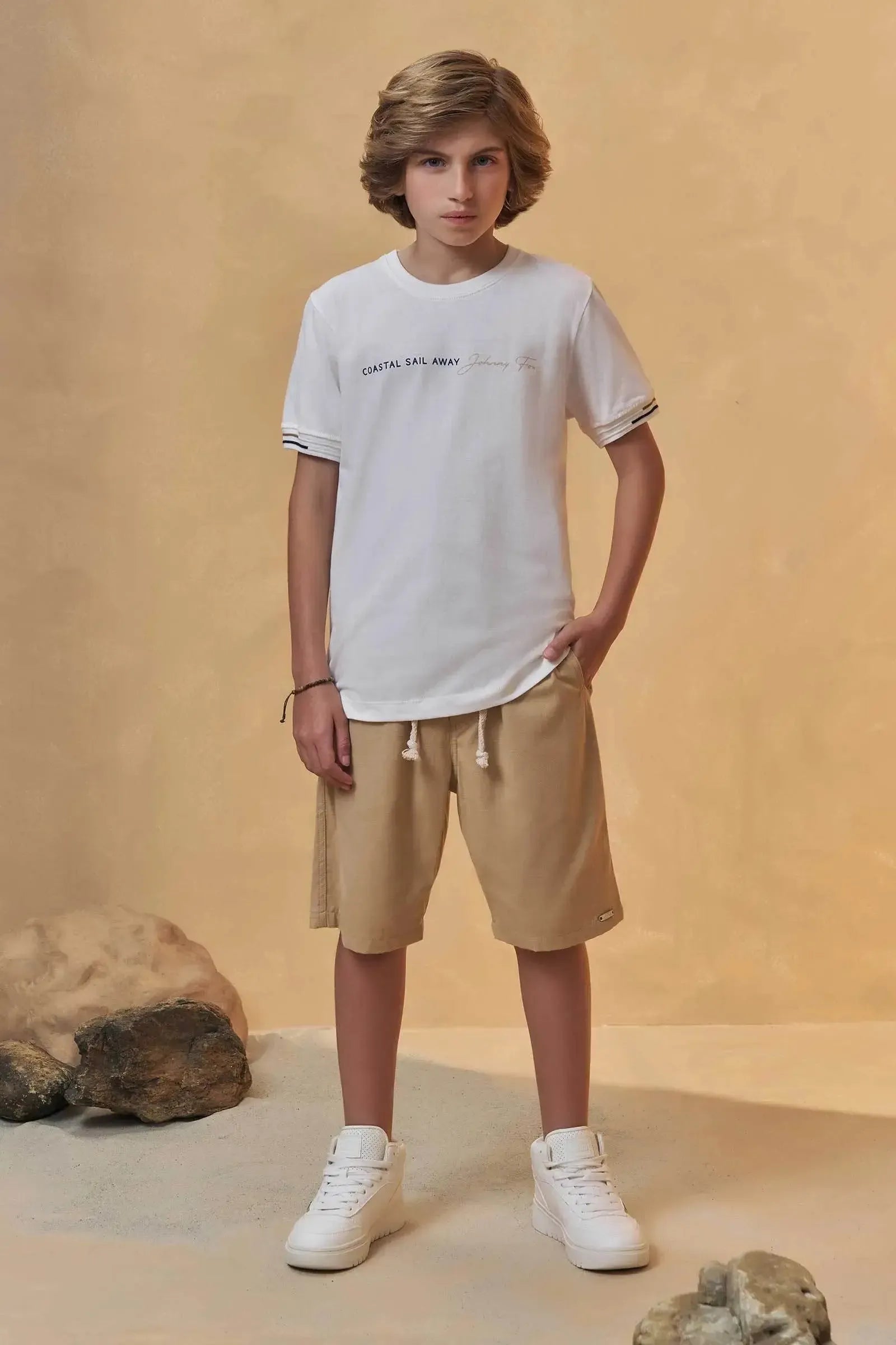 Conjunto de Camiseta em Meia Malha e Bermuda em Linho Santorine com Elastano 96400 Johnny Fox Teen Menino