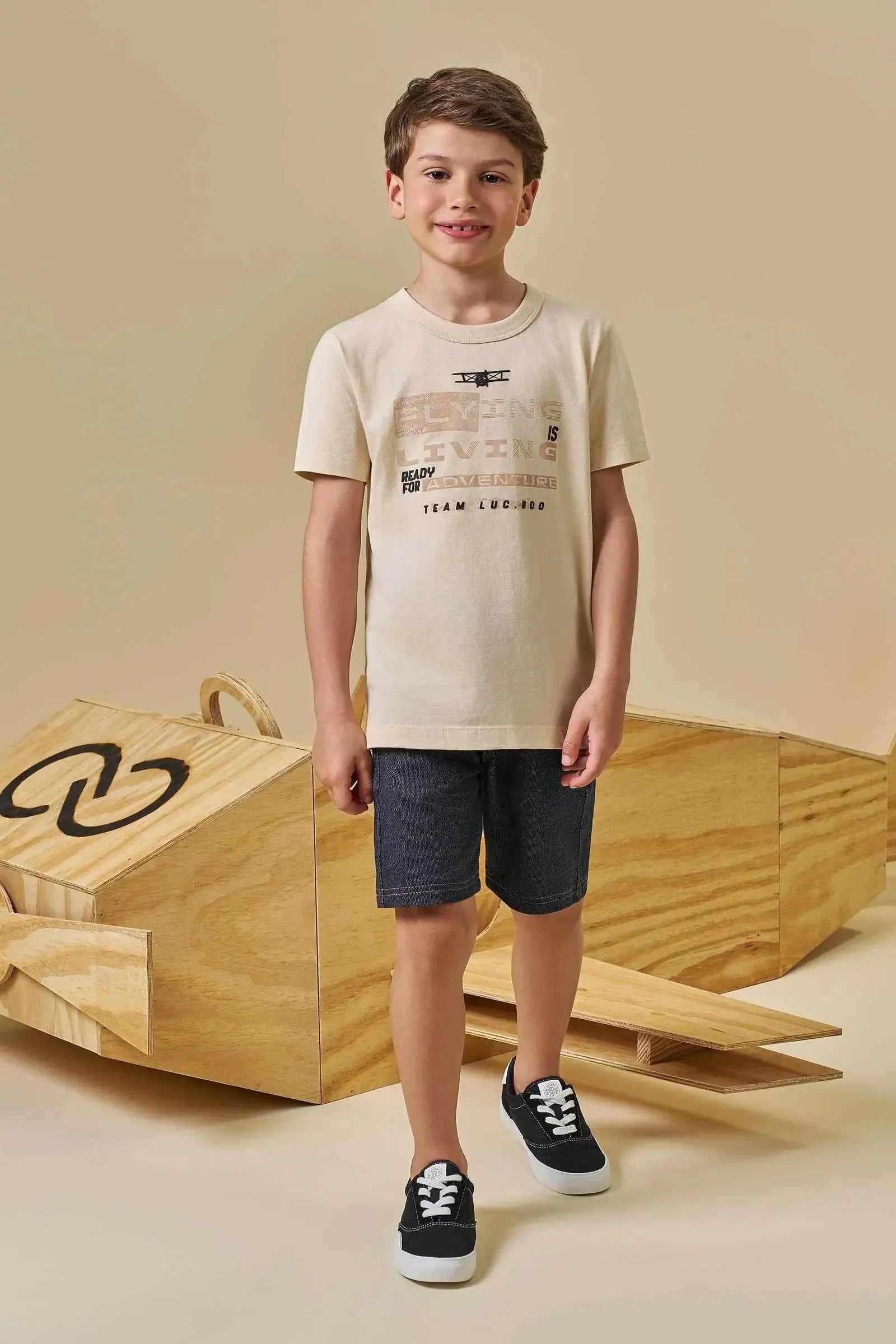 Conjunto de Camiseta em Meia Malha e Bermuda em Malha Denim com Elastano 94574 LucBoo Infantil Menino