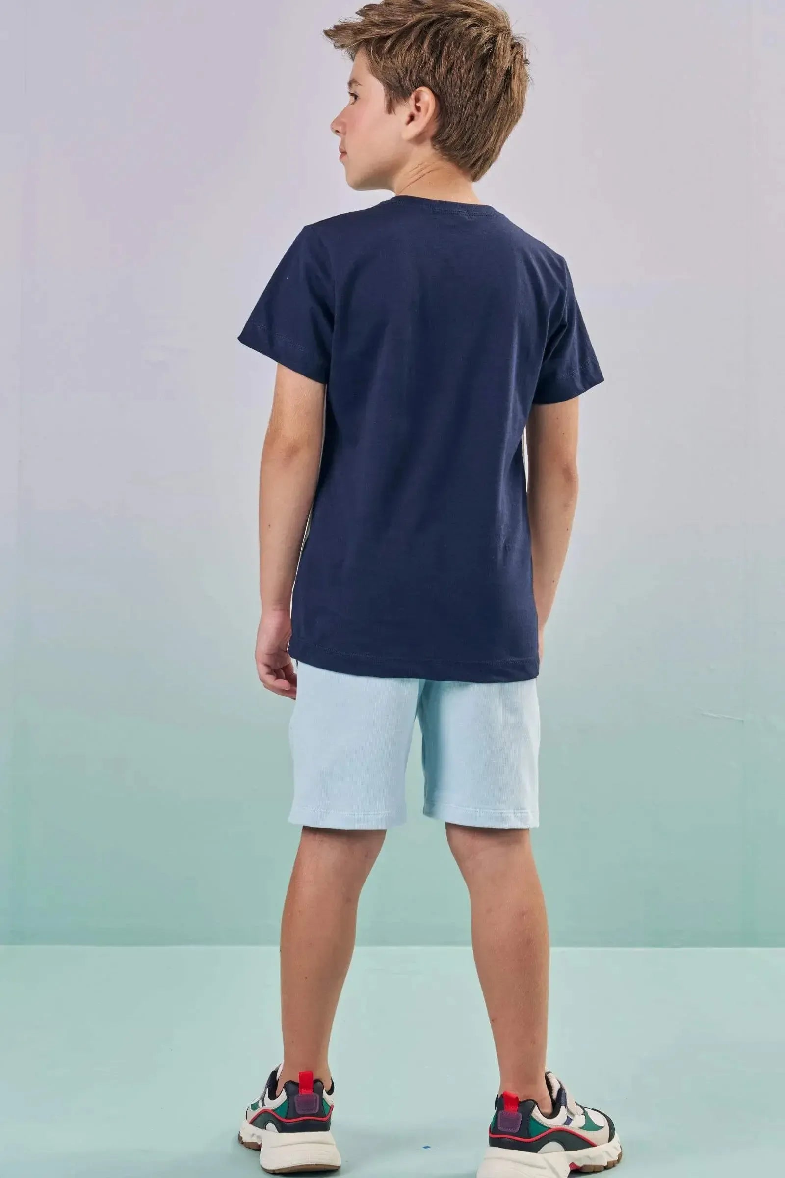 Conjunto de Camiseta em Meia Malha e Bermuda em Malha Denim com Elastano 87988 LucBoo Infantil Menino