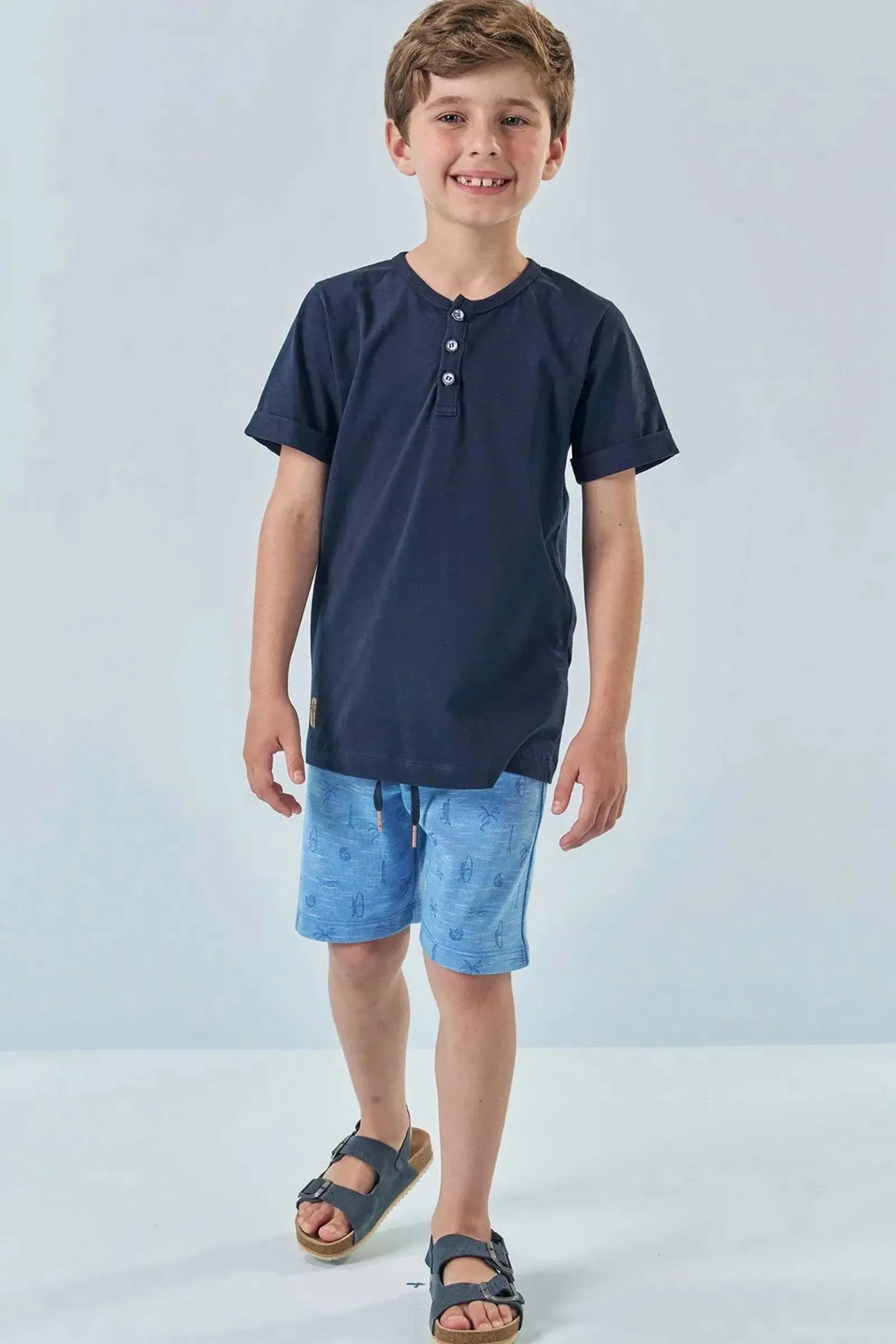 Conjunto de Camiseta em Meia Malha e Bermuda em Mesclado Bicolor 83396 LucBoo Infantil Menino