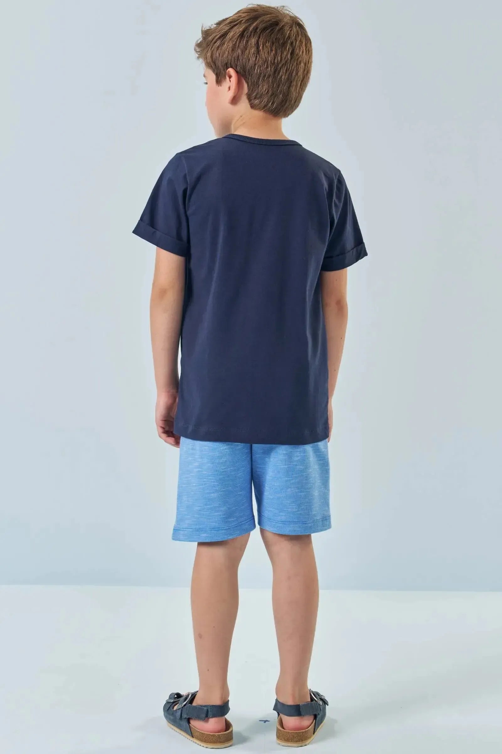 Conjunto de Camiseta em Meia Malha e Bermuda em Mesclado Bicolor 83396 LucBoo Infantil Menino