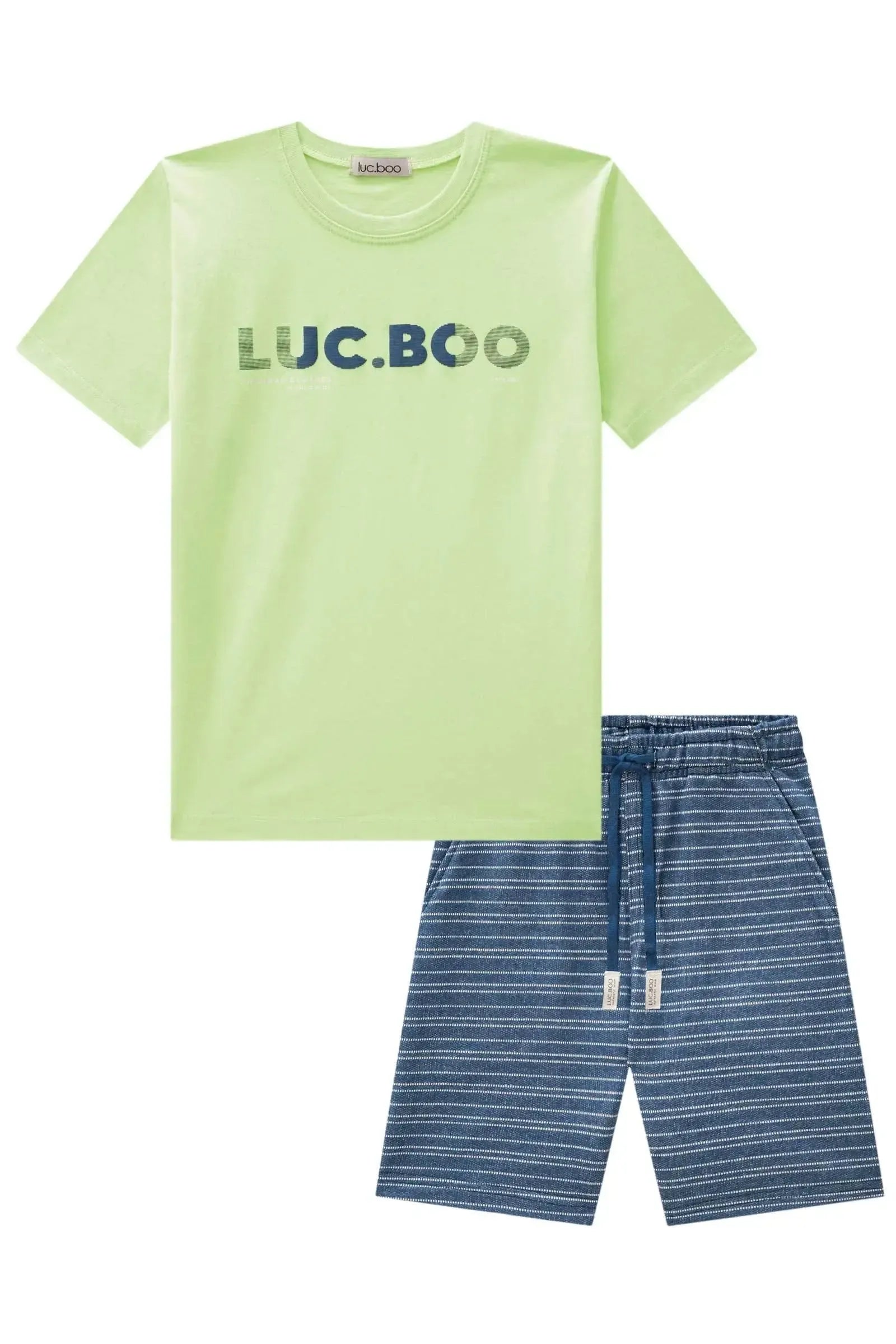 Conjunto de Camiseta em Meia Malha e Bermuda em Moletom Listrado sem Pelúcia 84773 LucBoo Infantil Menino