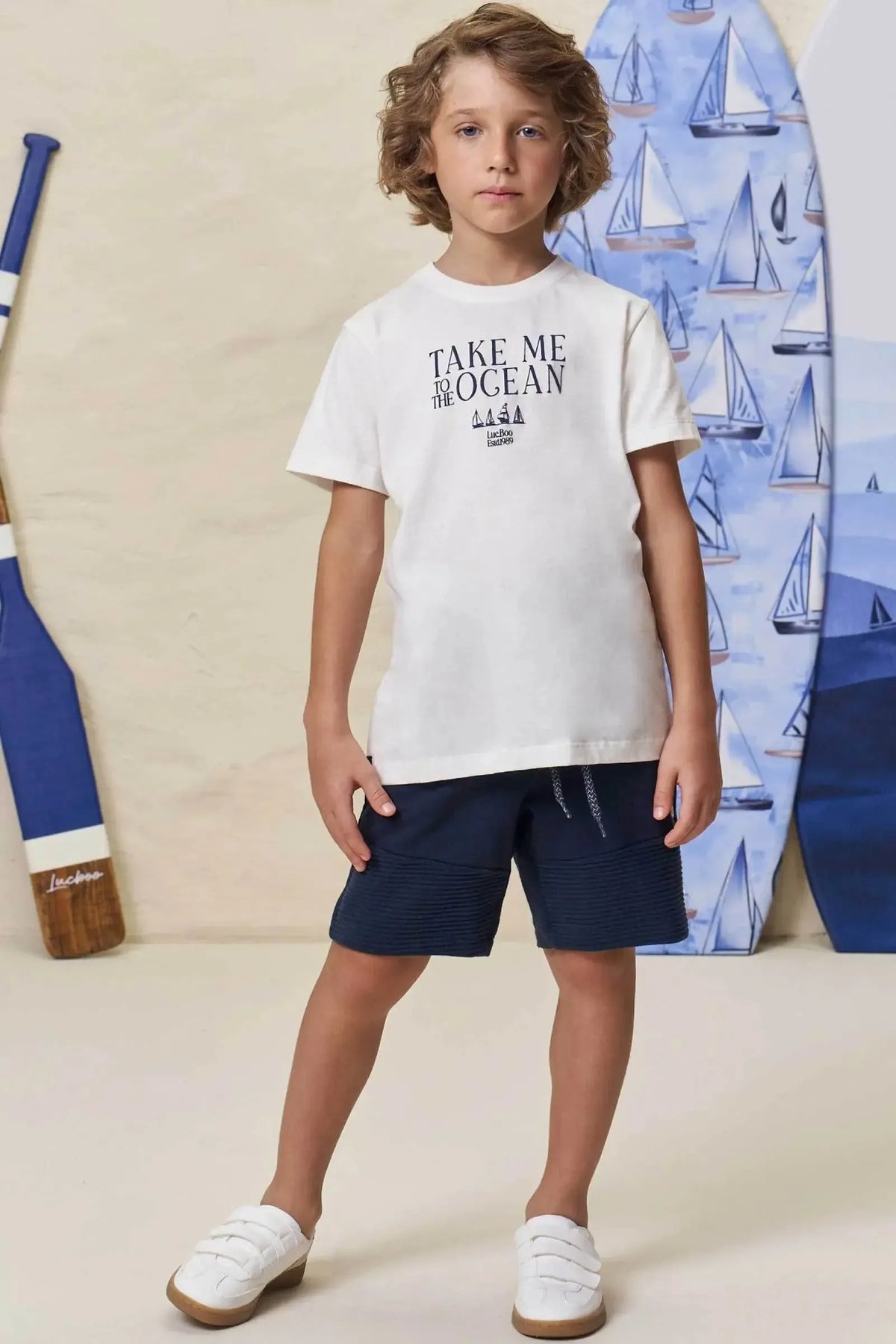 Conjunto de Camiseta em Meia Malha e Bermuda em Moletom sem Pelúcia 99365 LucBoo Infantil Menino