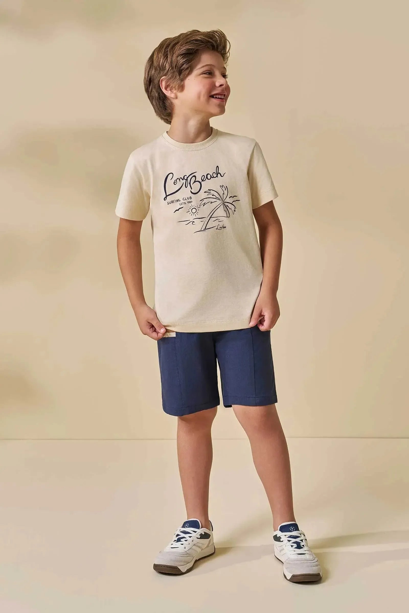 Conjunto de Camiseta em Meia Malha e Bermuda em Sarja Girassol com Elastano 96574 LucBoo Infantil Menino