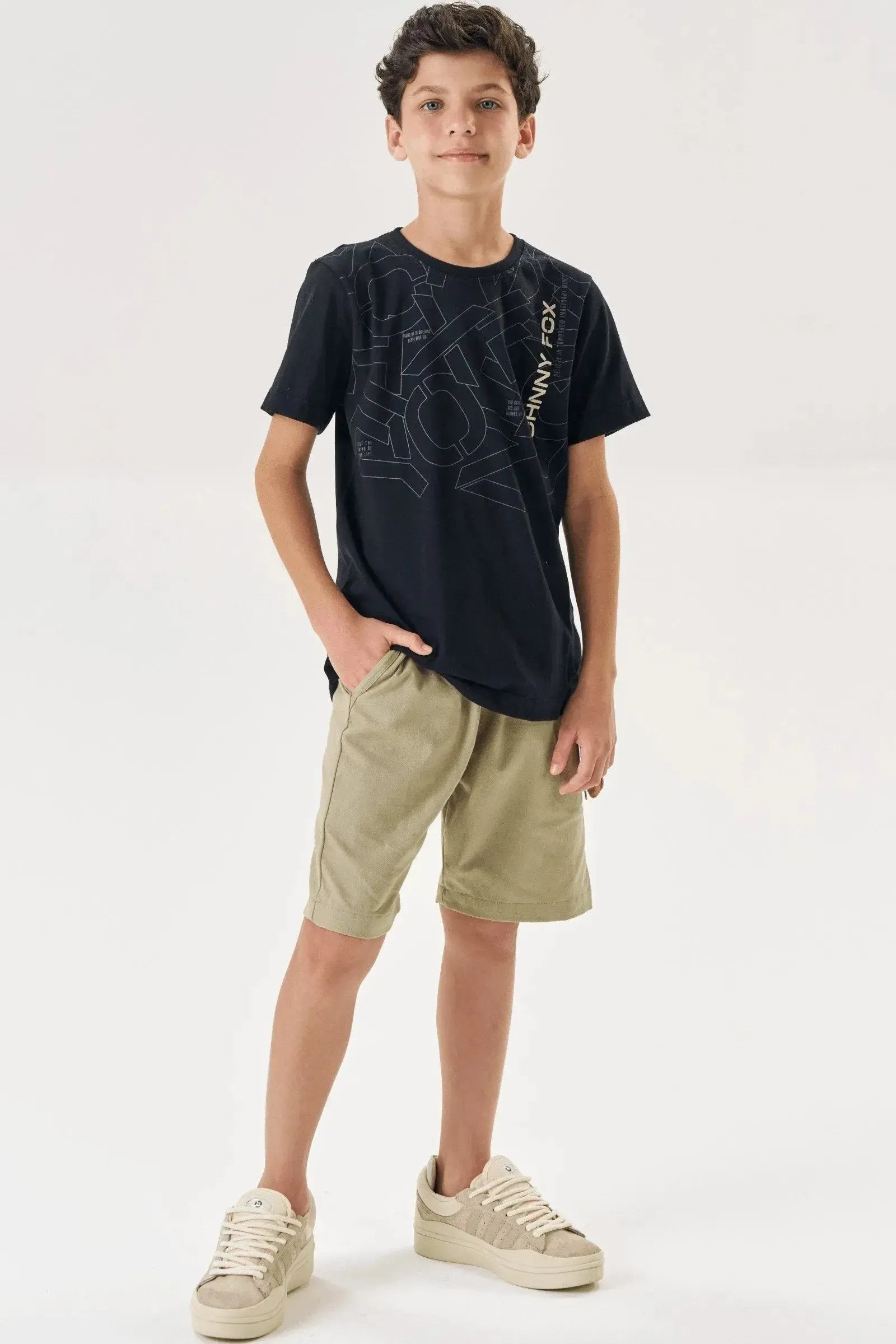 Conjunto de Camiseta em Meia Malha e Bermuda em Sarja Girassol com Elastano 88272 Johnny Fox Teen Menino