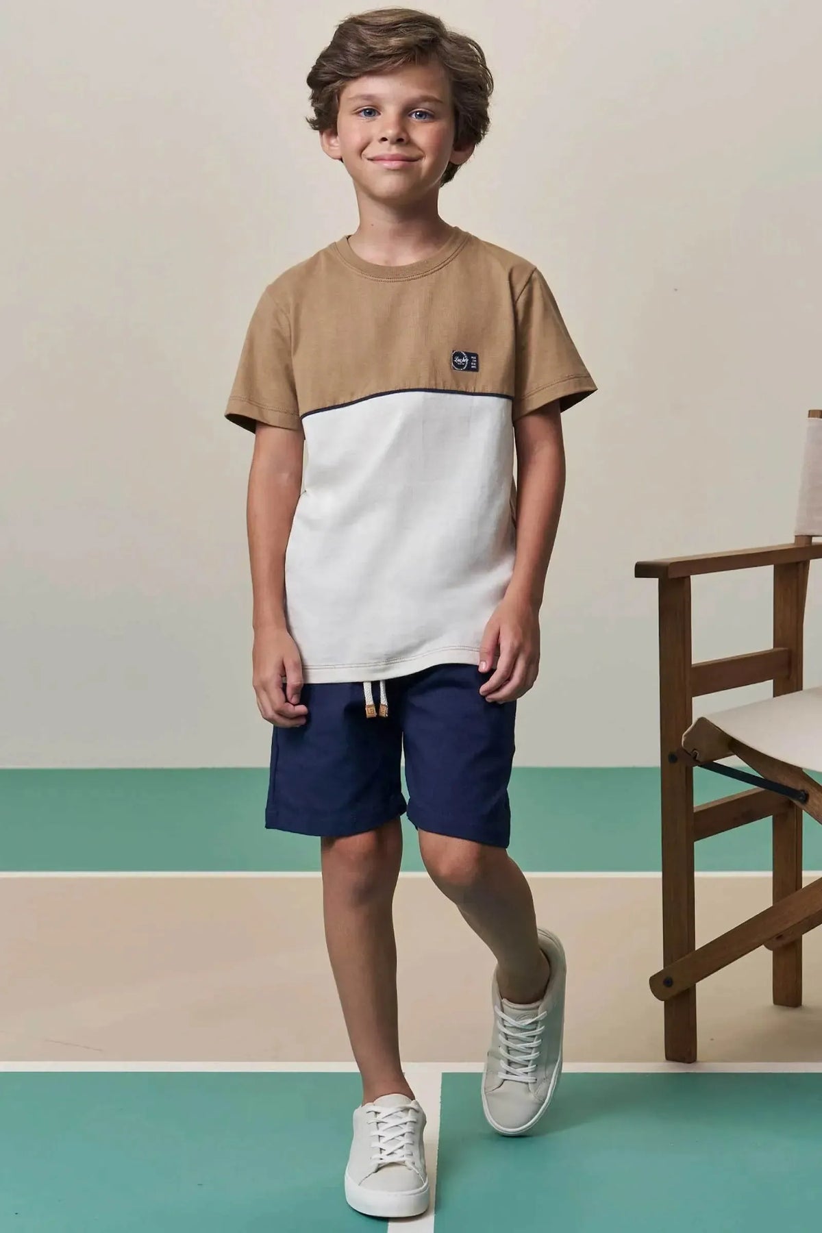 Conjunto de Camiseta em Meia Malha e Bermuda em Sarja Girassol com Elastano 97913 LucBoo Infantil Menino