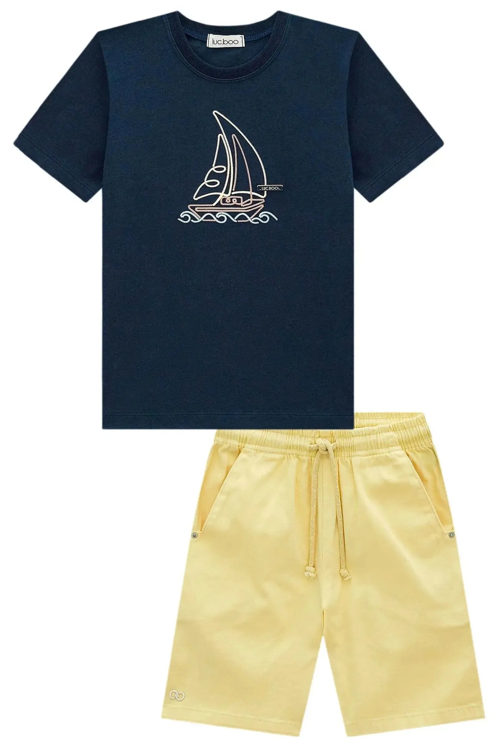 Conjunto de Camiseta em Meia Malha e Bermuda em Sarja Ônix com Elastano 99307 LucBoo Infantil Menino