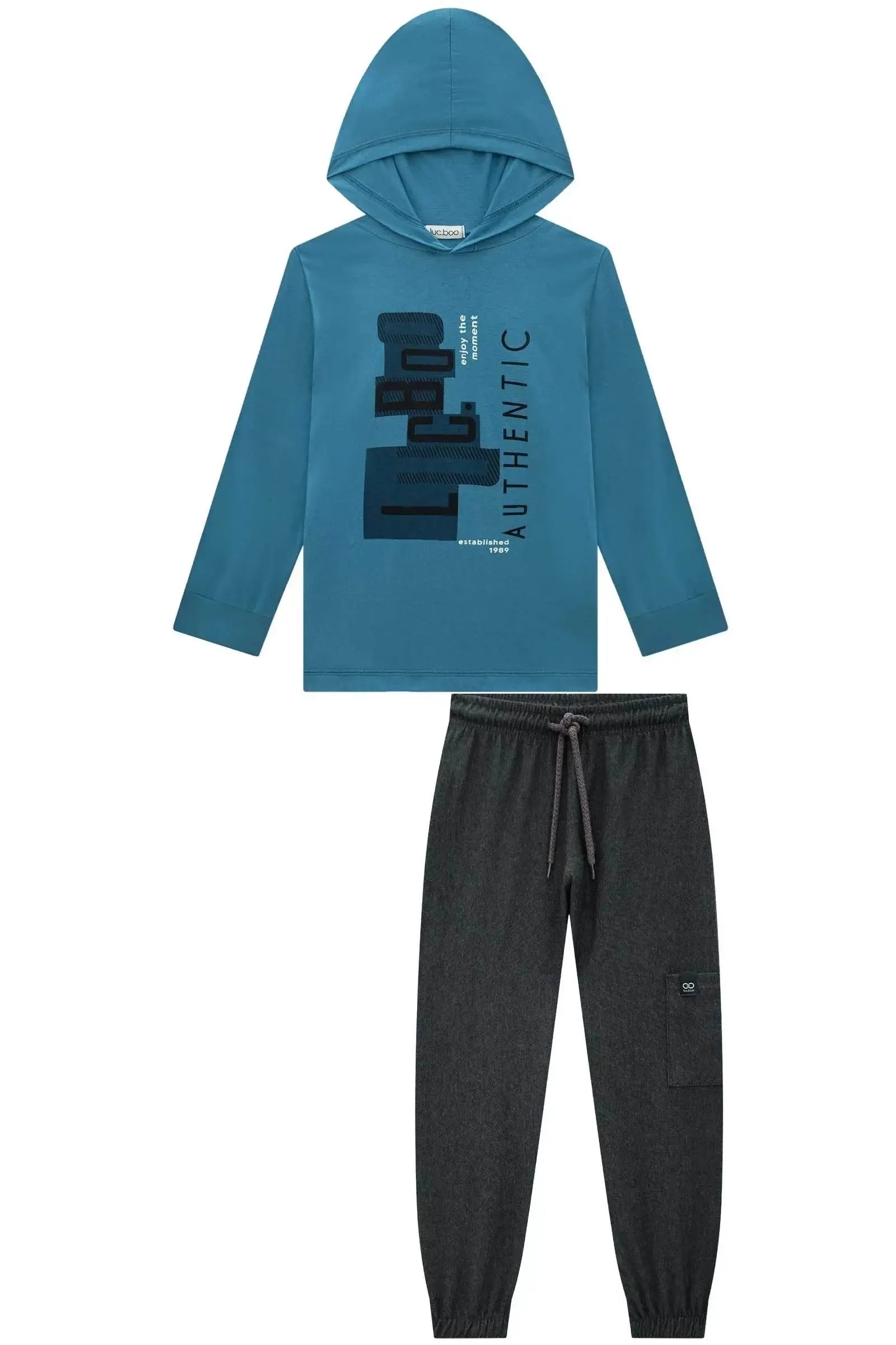 Conjunto de Camiseta em Meia Malha e Calça Jogger em Cotton Jeans com Elastano 89991 LucBoo Infantil Menino