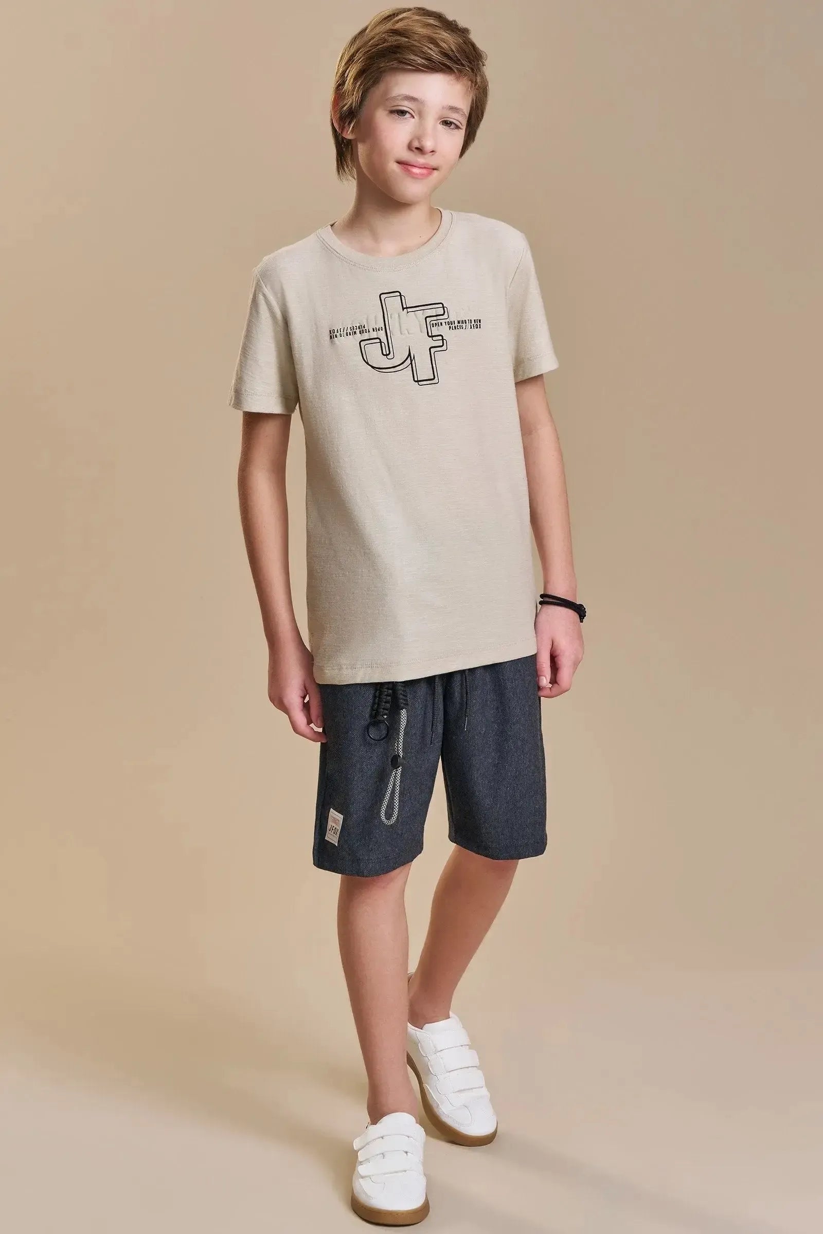 Conjunto de Camiseta em Meia Malha Flamê e Bermuda em Cotton Jeans com Elastano 93898 Johnny Fox Teen Menino