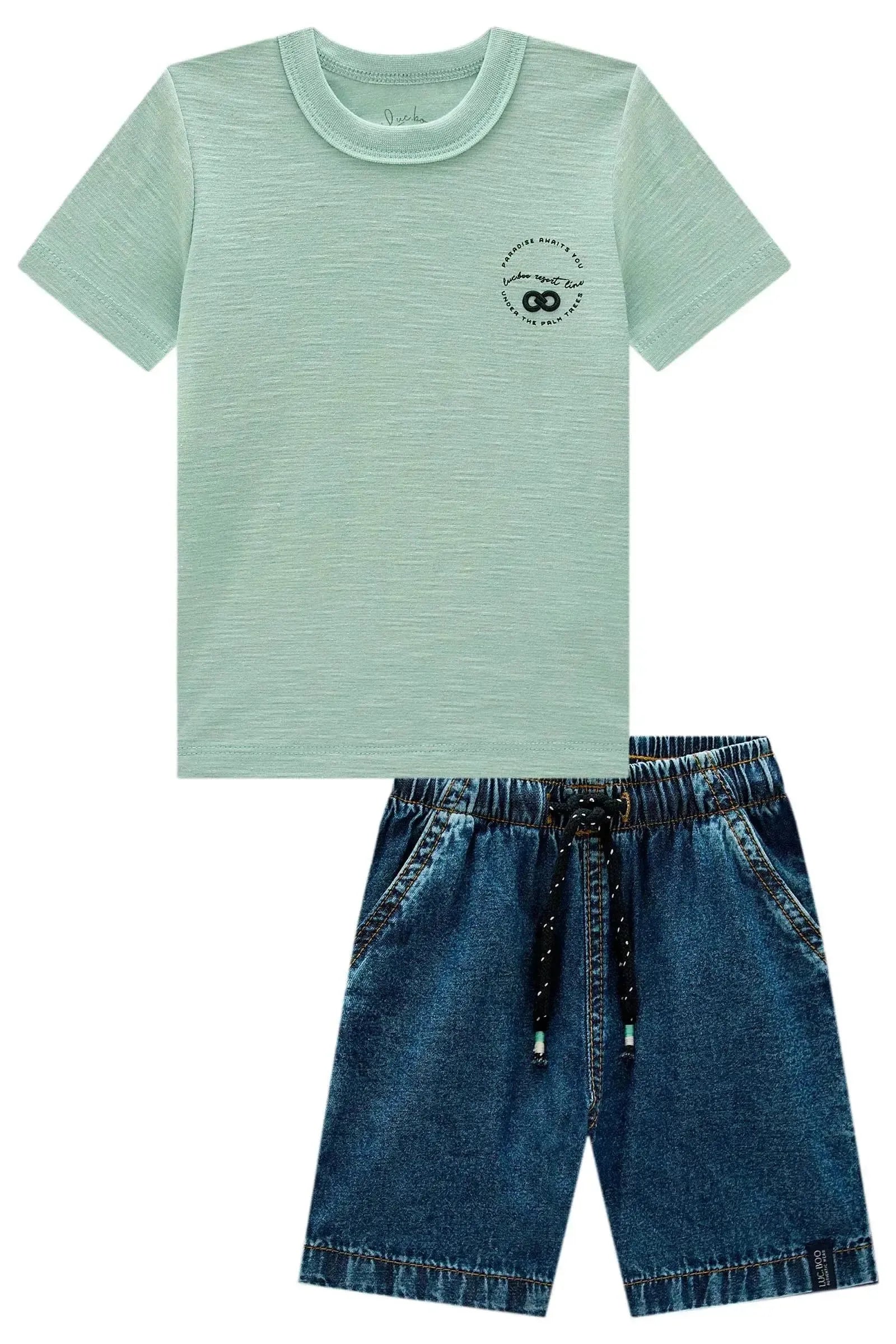 Conjunto de Camiseta em Meia Malha Flamê e Bermuda em Jeans Teca 99063 LucBoo Infantil Menino