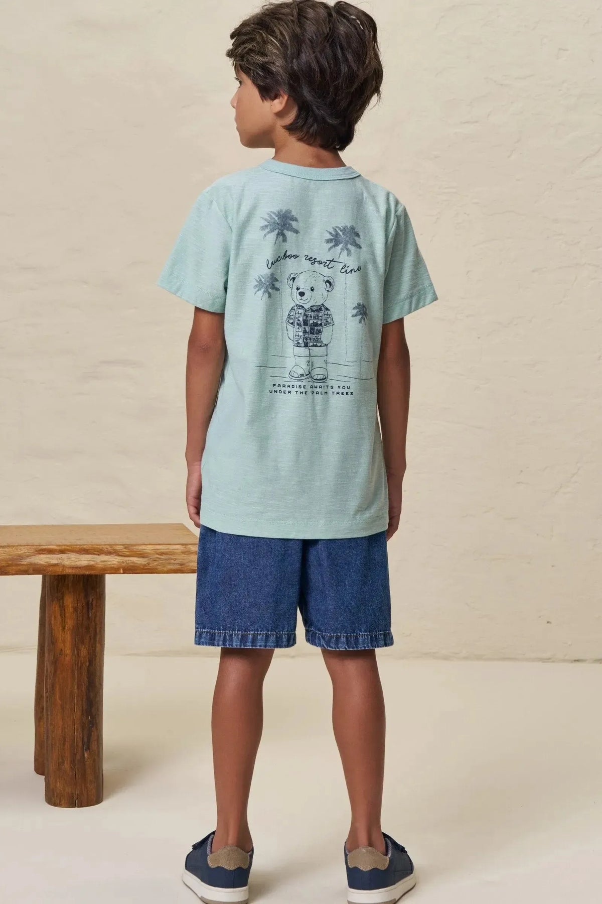Conjunto de Camiseta em Meia Malha Flamê e Bermuda em Jeans Teca 99063 LucBoo Infantil Menino