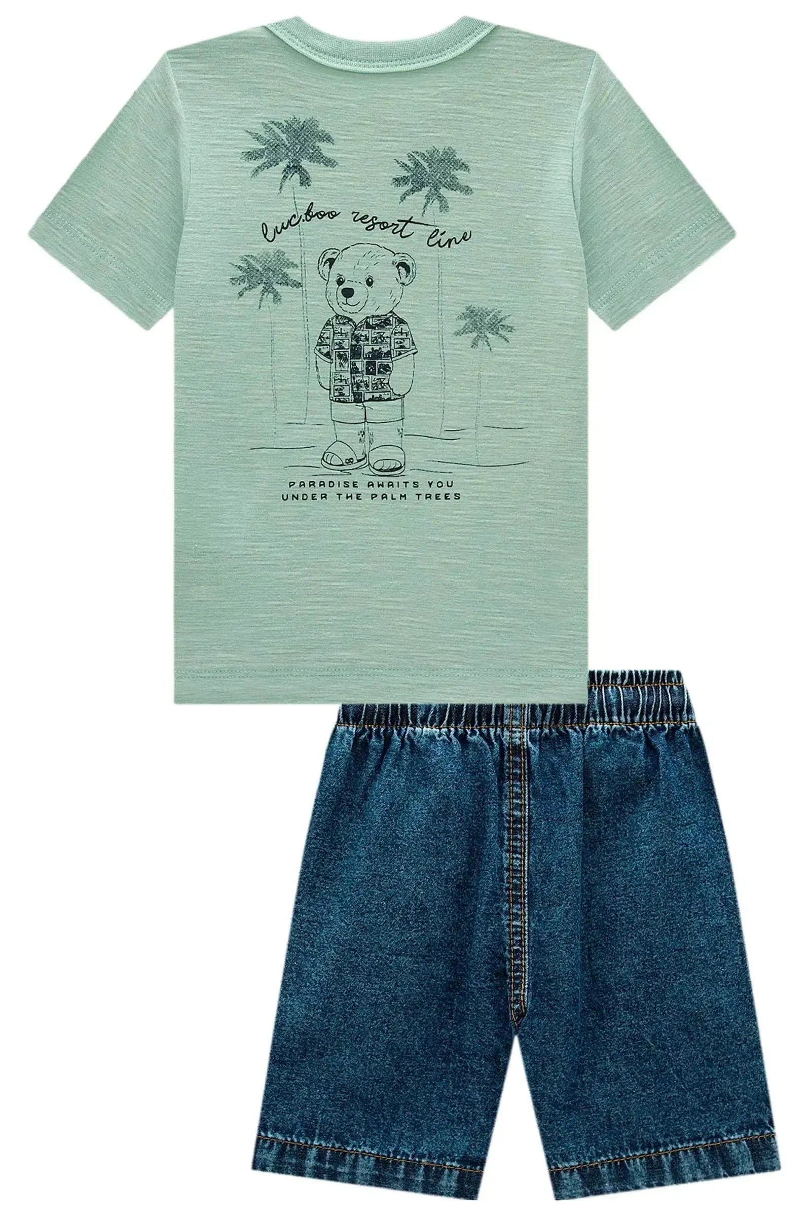 Conjunto de Camiseta em Meia Malha Flamê e Bermuda em Jeans Teca 99063 LucBoo Infantil Menino