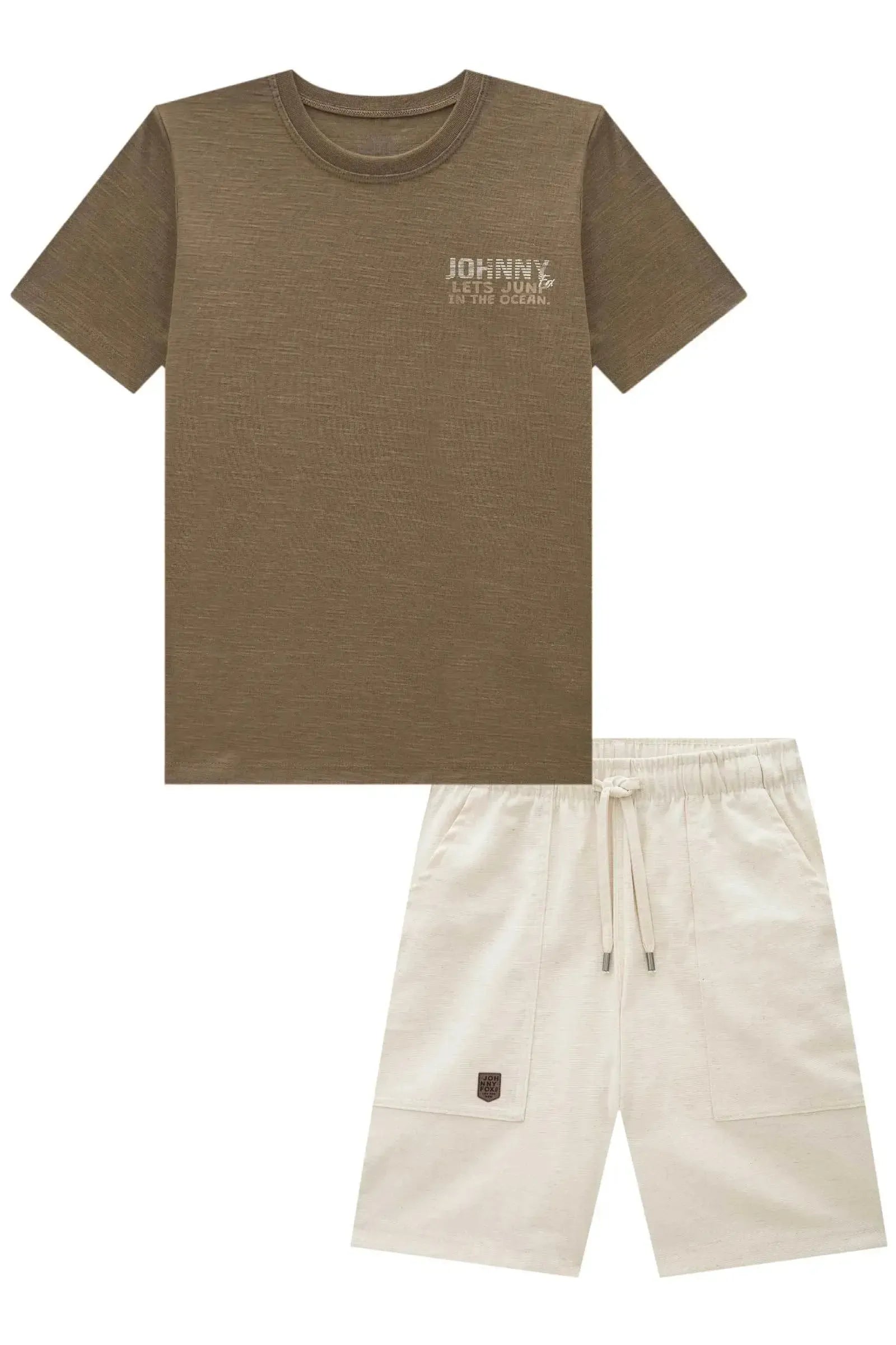 Conjunto de Camiseta em Meia Malha Flamê e Bermuda em Linho Santorine com Elastano 93016 Johnny Fox Teen Menino