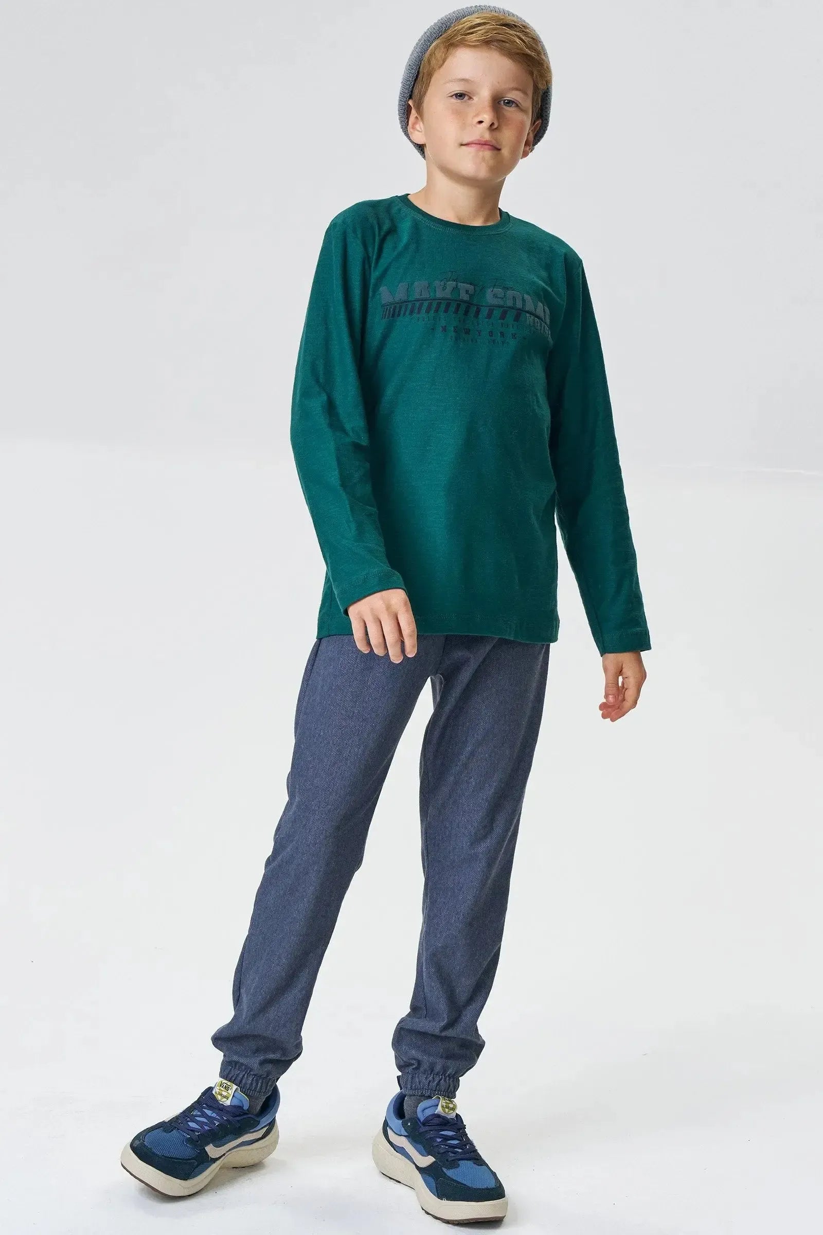 Conjunto de Camiseta em Meia Malha Flamê e Calça Jogger em Cotton Jeans com Elastano 92664 Johnny Fox Teen Menino