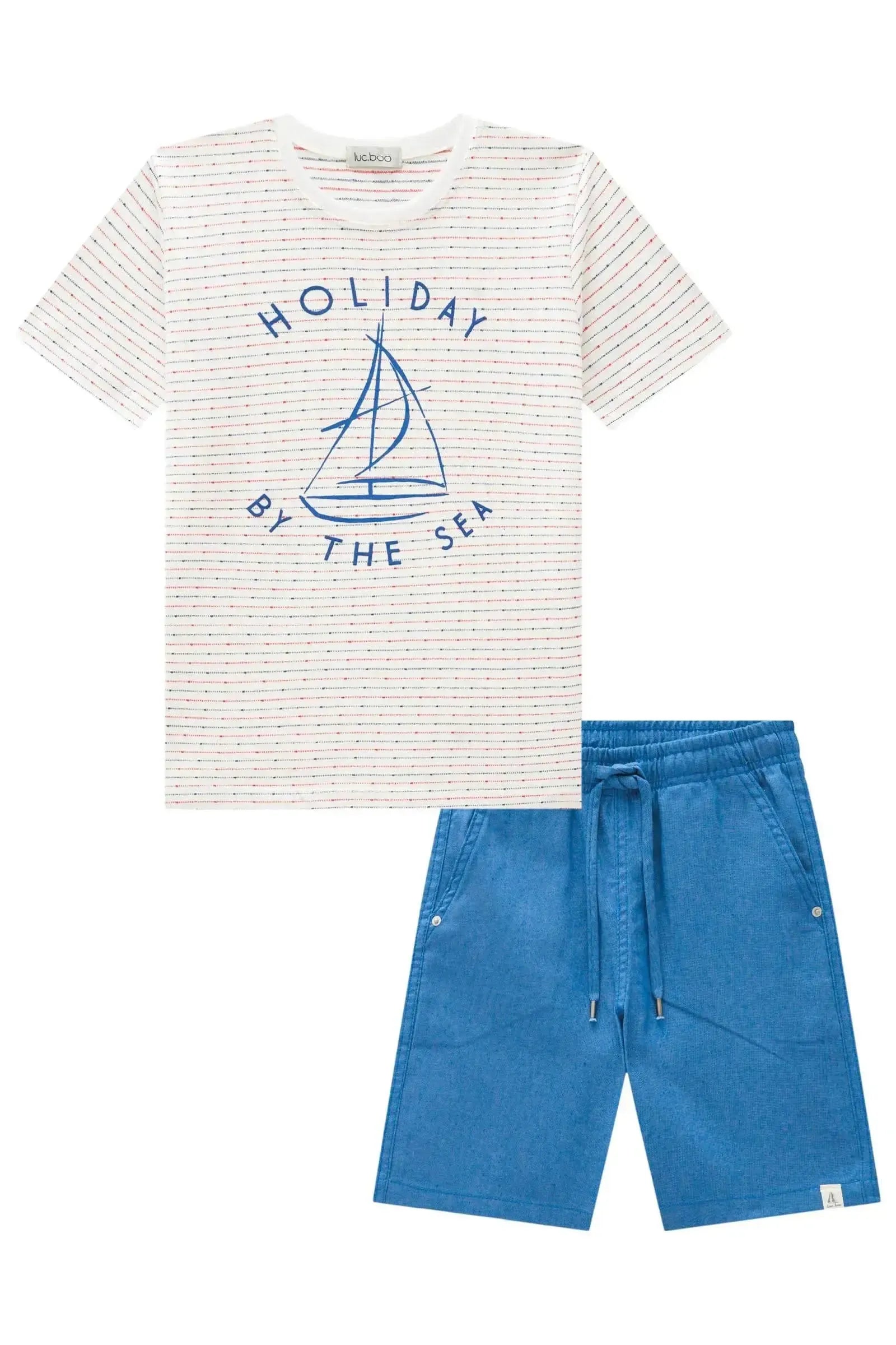 Conjunto de Camiseta em Meia Malha Listrada e Bermuda em Tecido Dubai com Elastano 82823 LucBoo Infantil Menino
