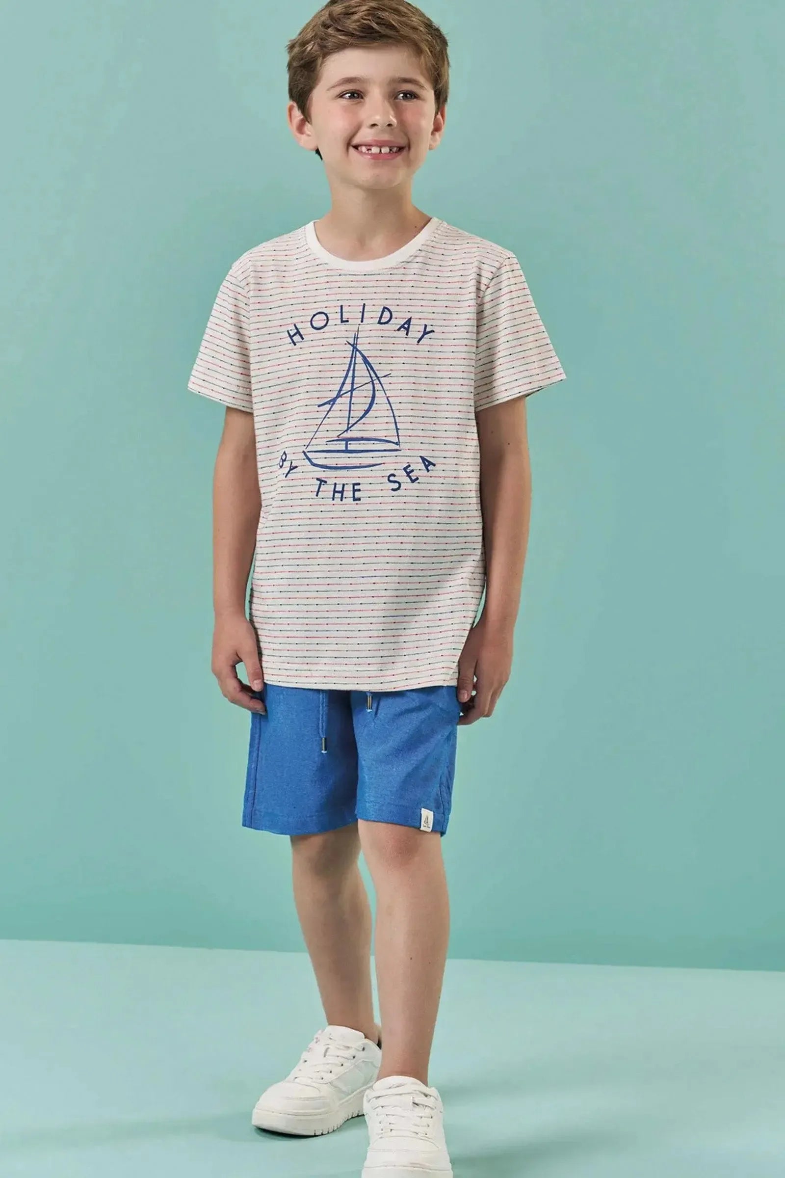 Conjunto de Camiseta em Meia Malha Listrada e Bermuda em Tecido Dubai com Elastano 82823 LucBoo Infantil Menino
