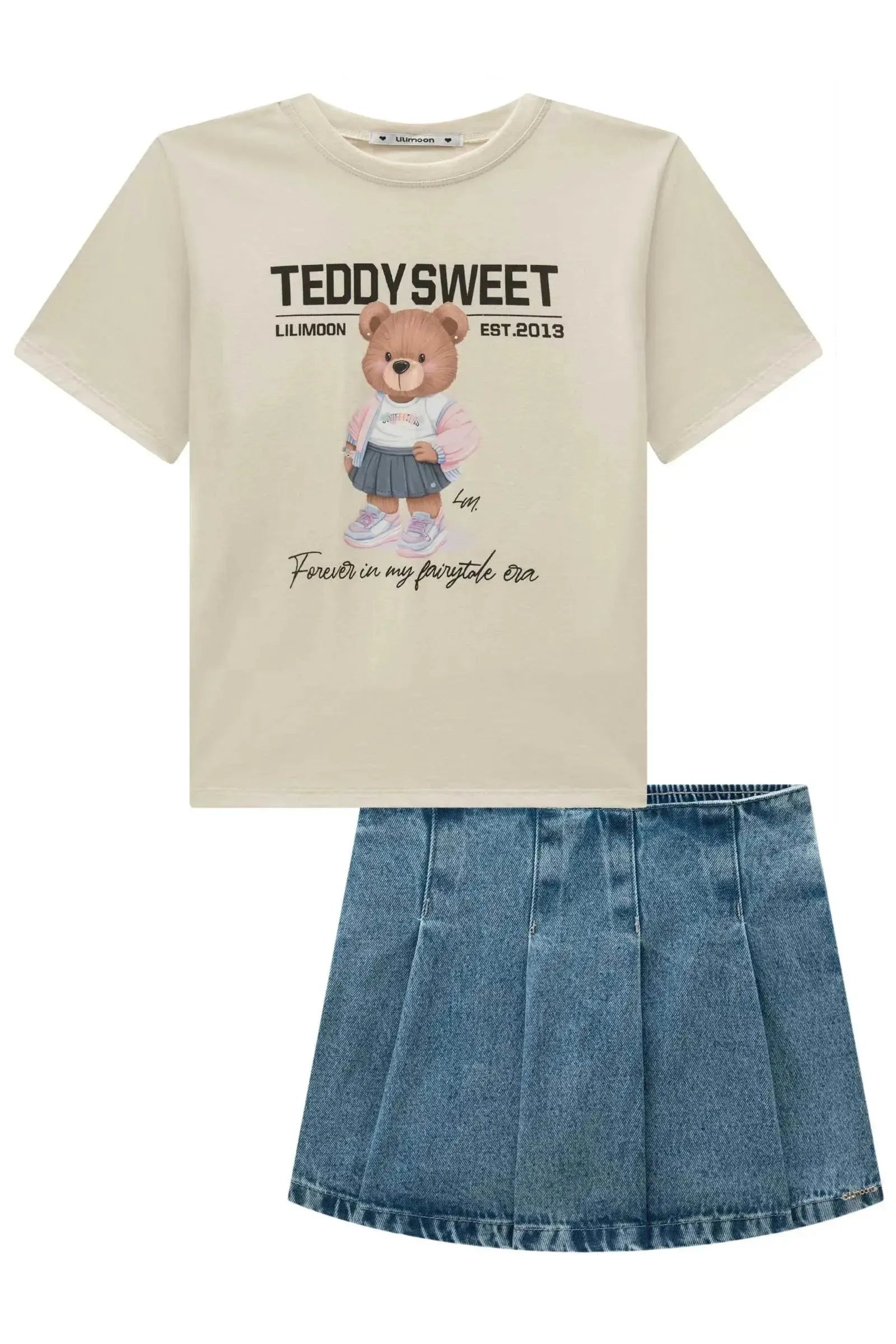 Conjunto de Camiseta Over em Meia Malha e Short Saia em Jeans Wishita 98780 Lilimoon Teen Menina