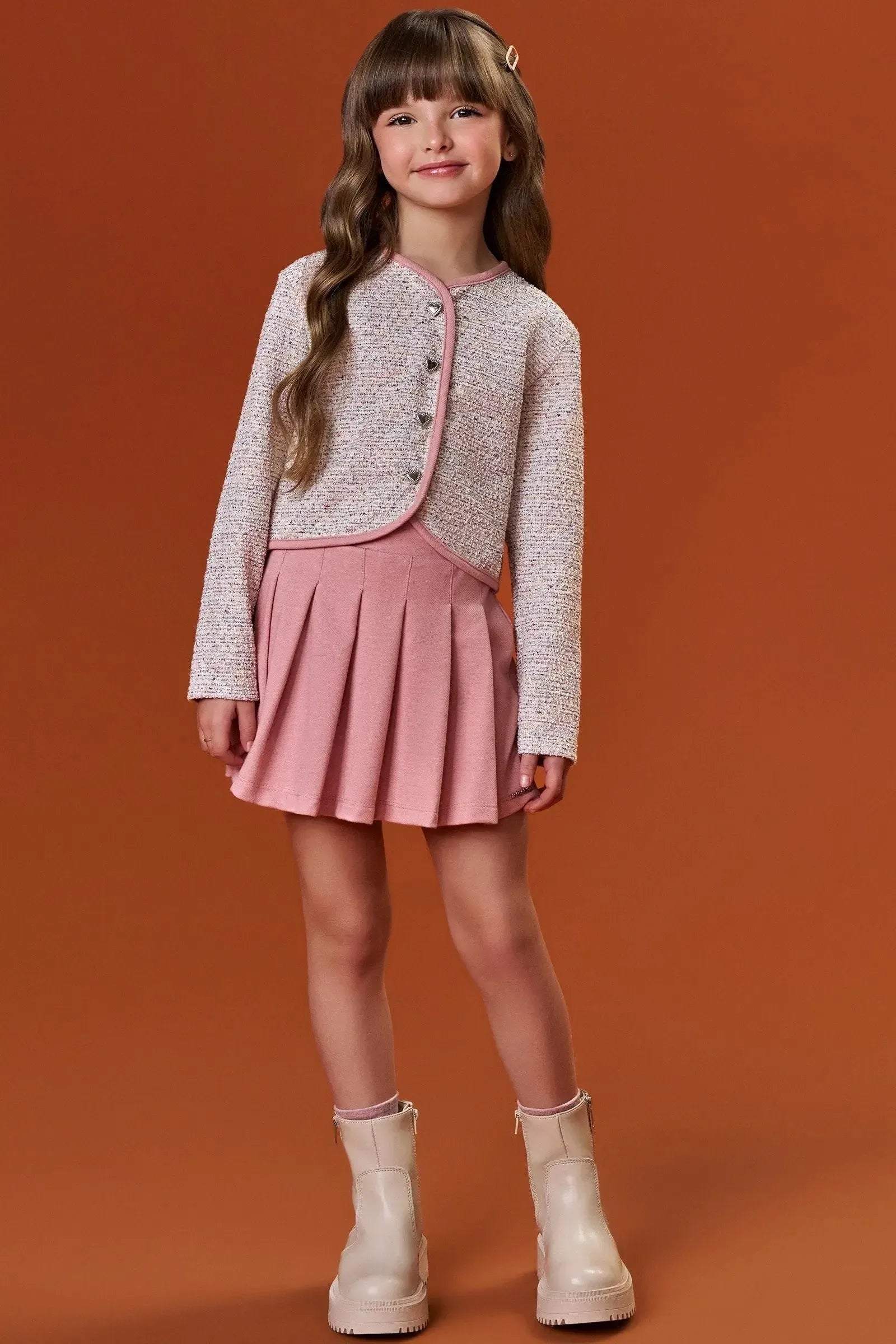 Conjunto de Casaco Boxy em Malha Tweed e Short Saia em Cotton Jeans 92330 Infanti Infantil Menina