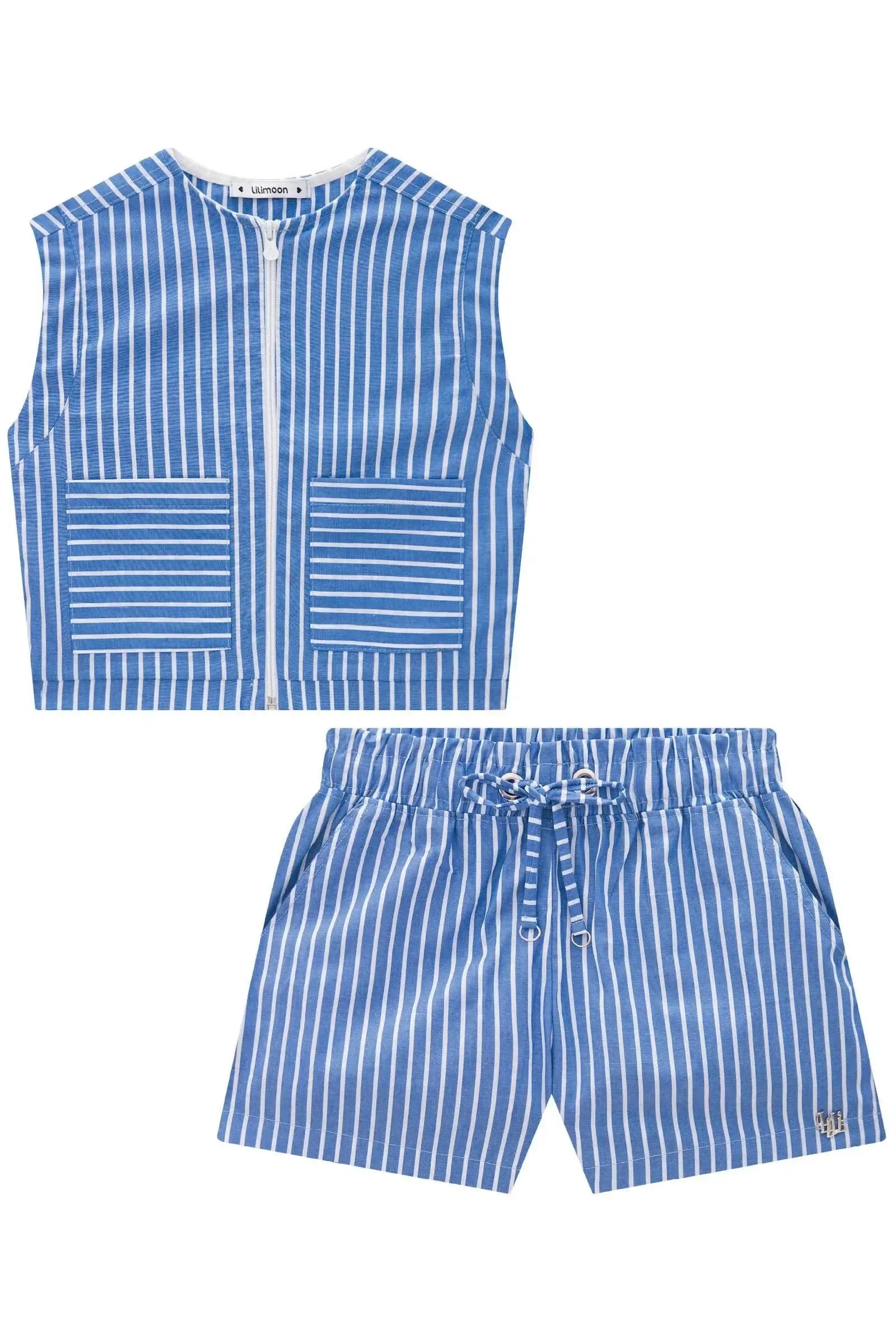 Conjunto de Colete Boxy e Shorts em Tricoline Listrado 84295 Lilimoon Teen Menina