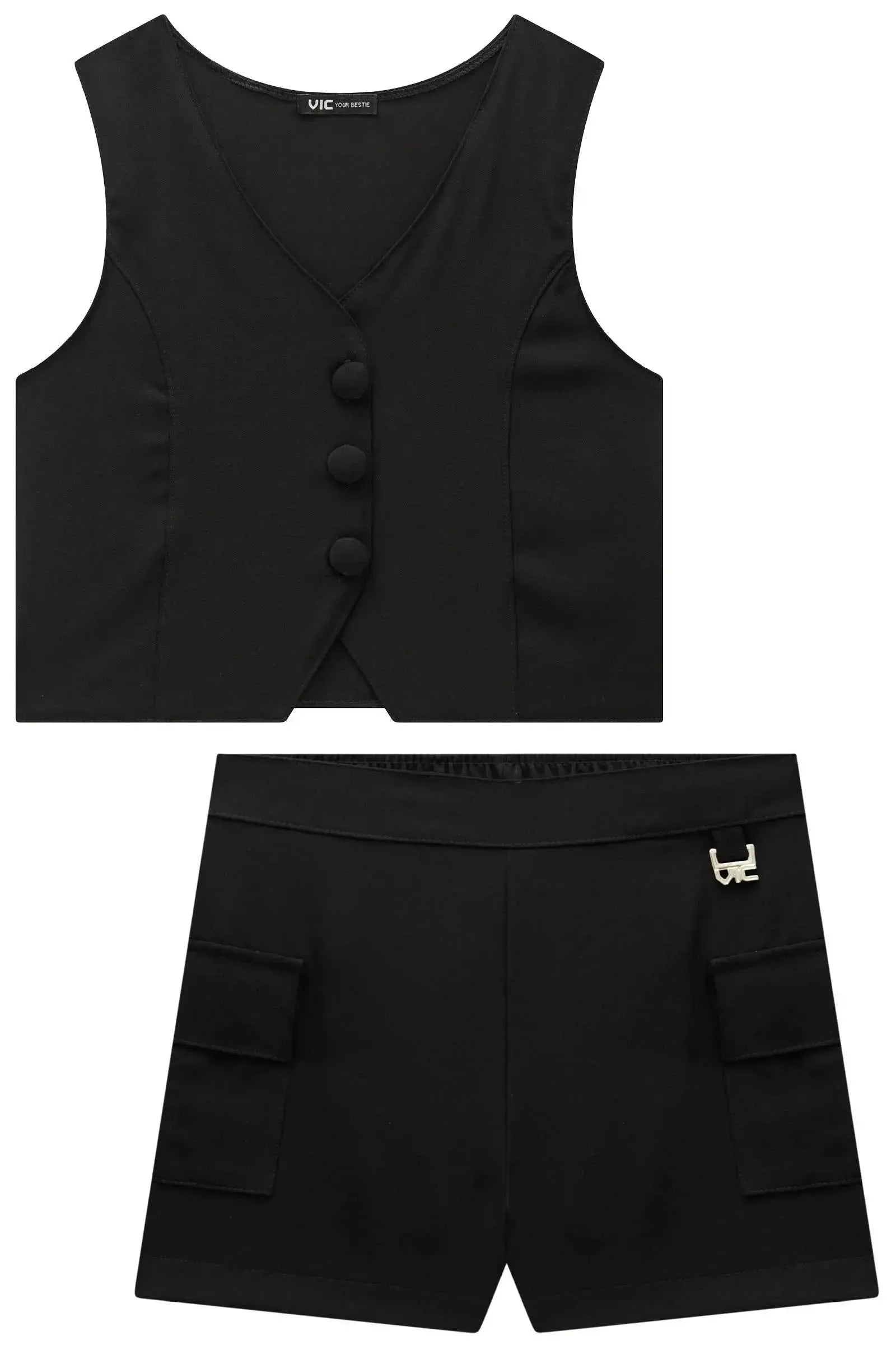 Conjunto de Colete e Shorts Cargo em Alfaiataria 99232 Vic Teen Menina