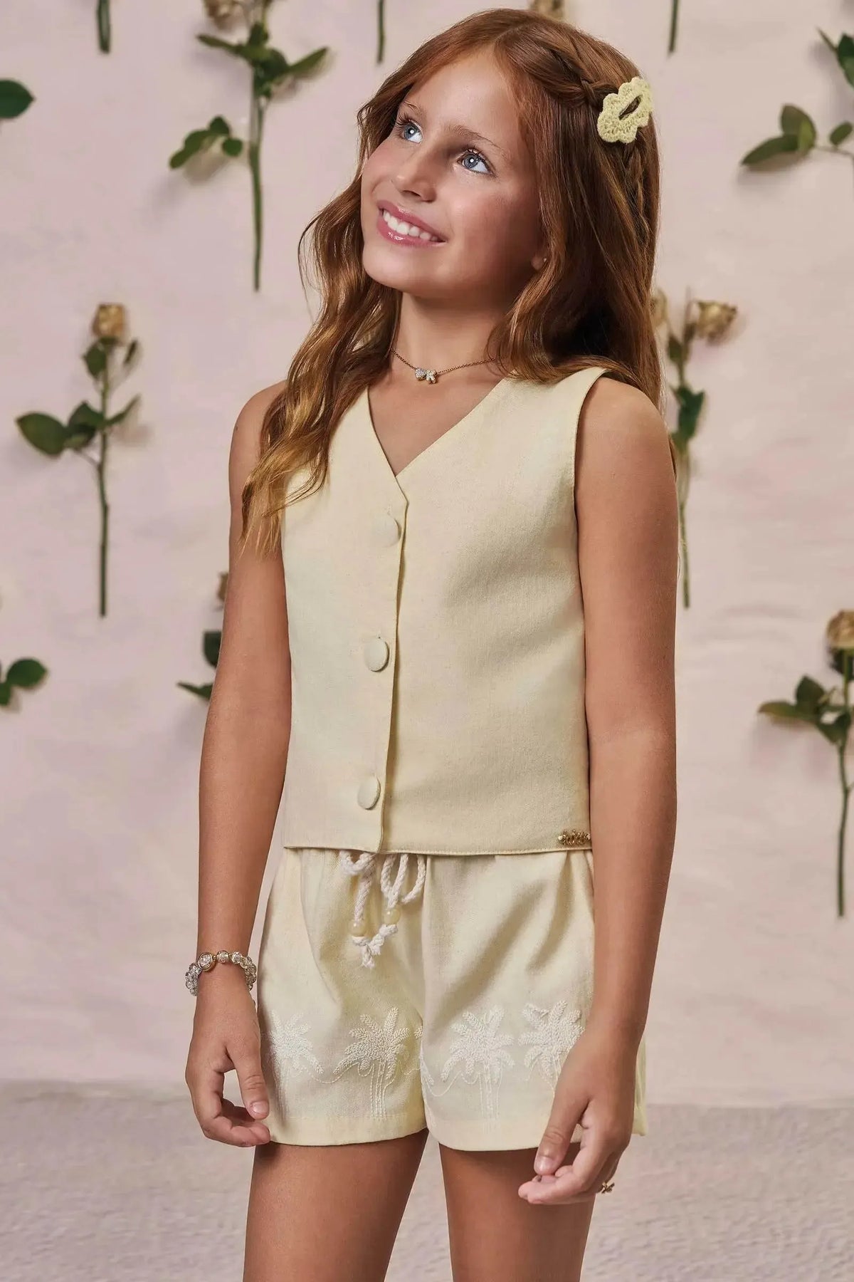 Conjunto de Colete e Shorts em Viscolinho Sarjado 98284 Kukiê Infantil Menina