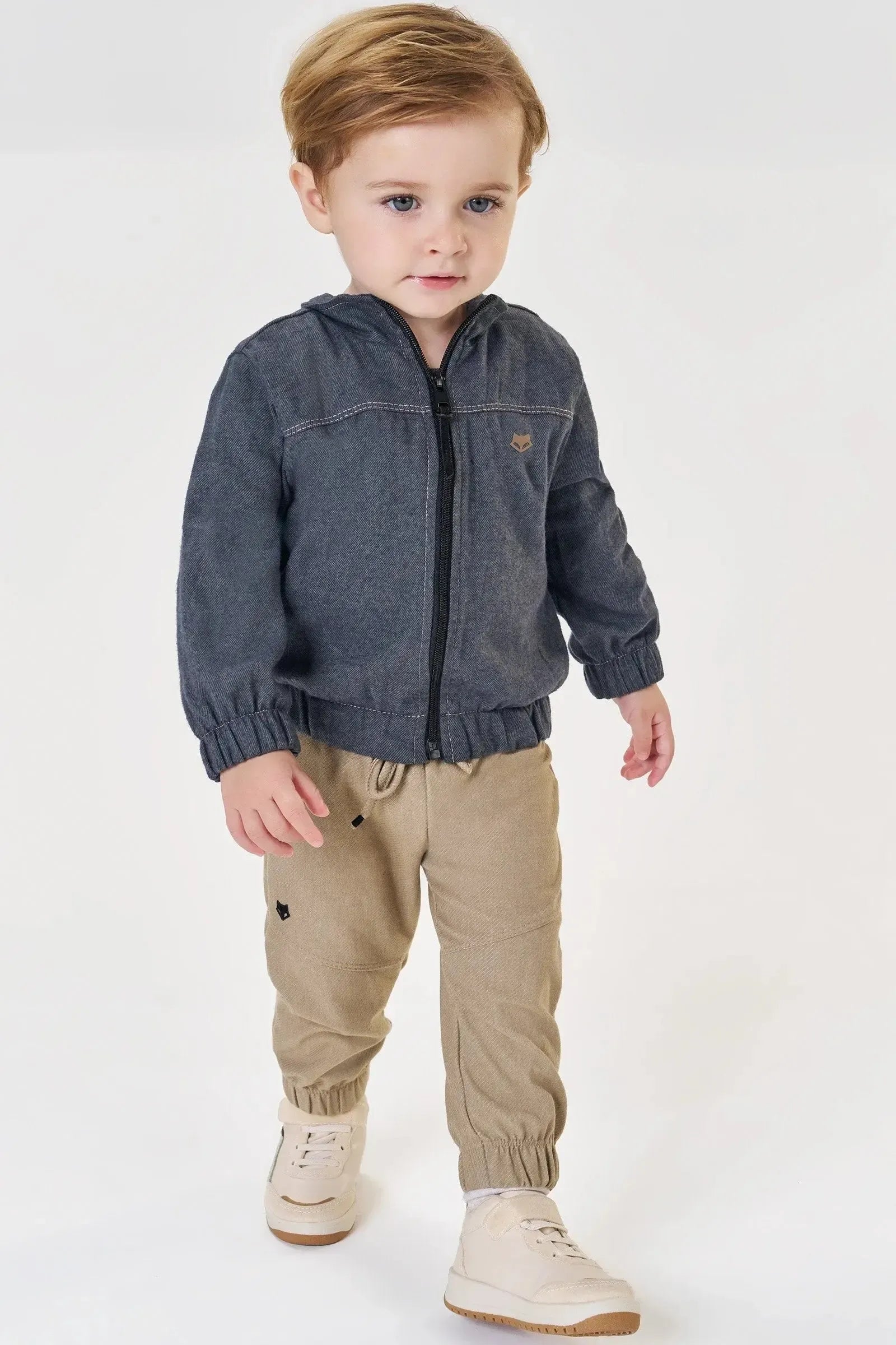 Conjunto de Jaqueta em Flanela Melange e Calça Jogger em Cotton Jeans com Elastano 91745 Johnny Fox Bebê Menino