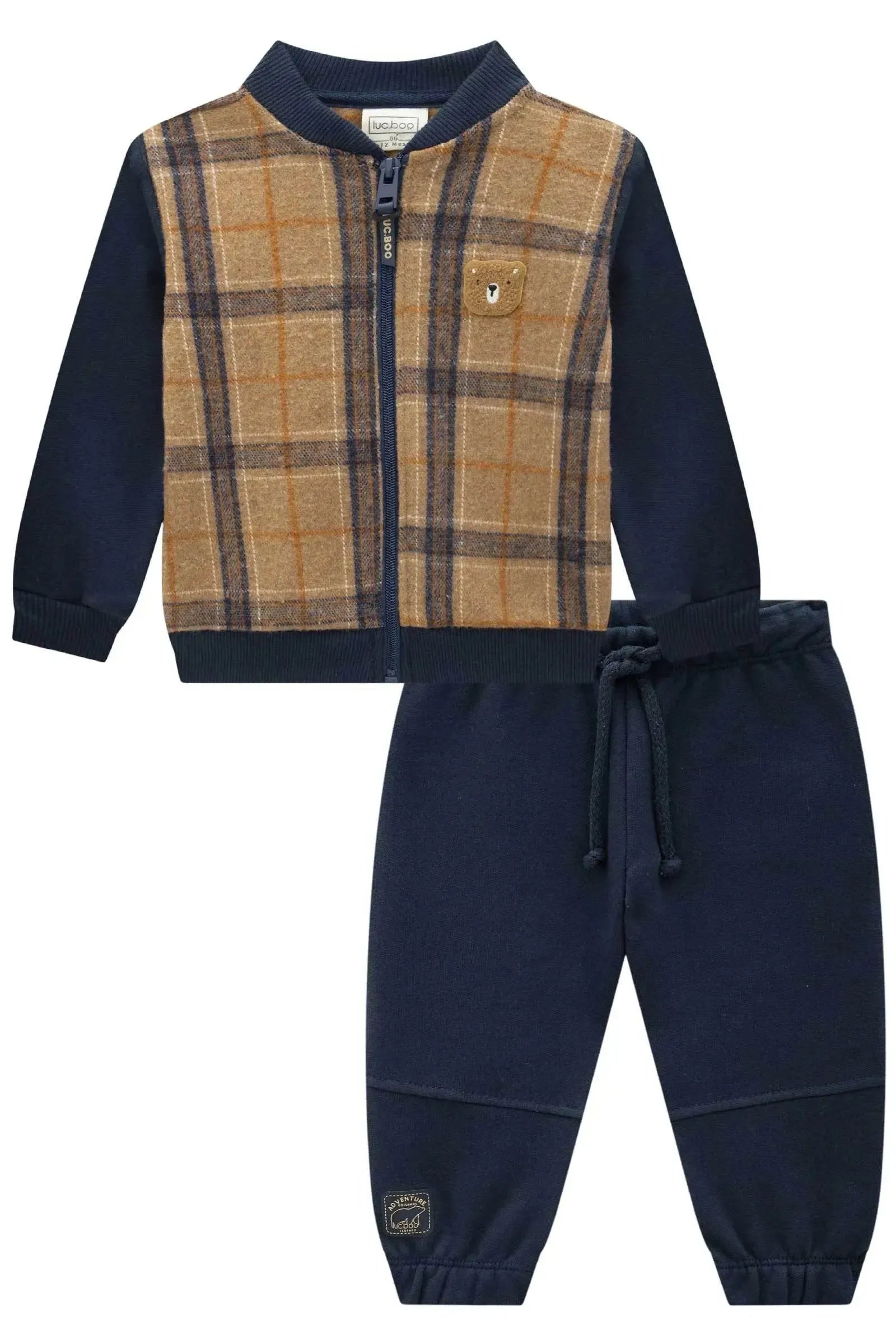 Conjunto de Jaqueta em Flanela Xadrez e Moletom e Calça em Moletom com Pelúcia 92038 LucBoo Bebê Menino