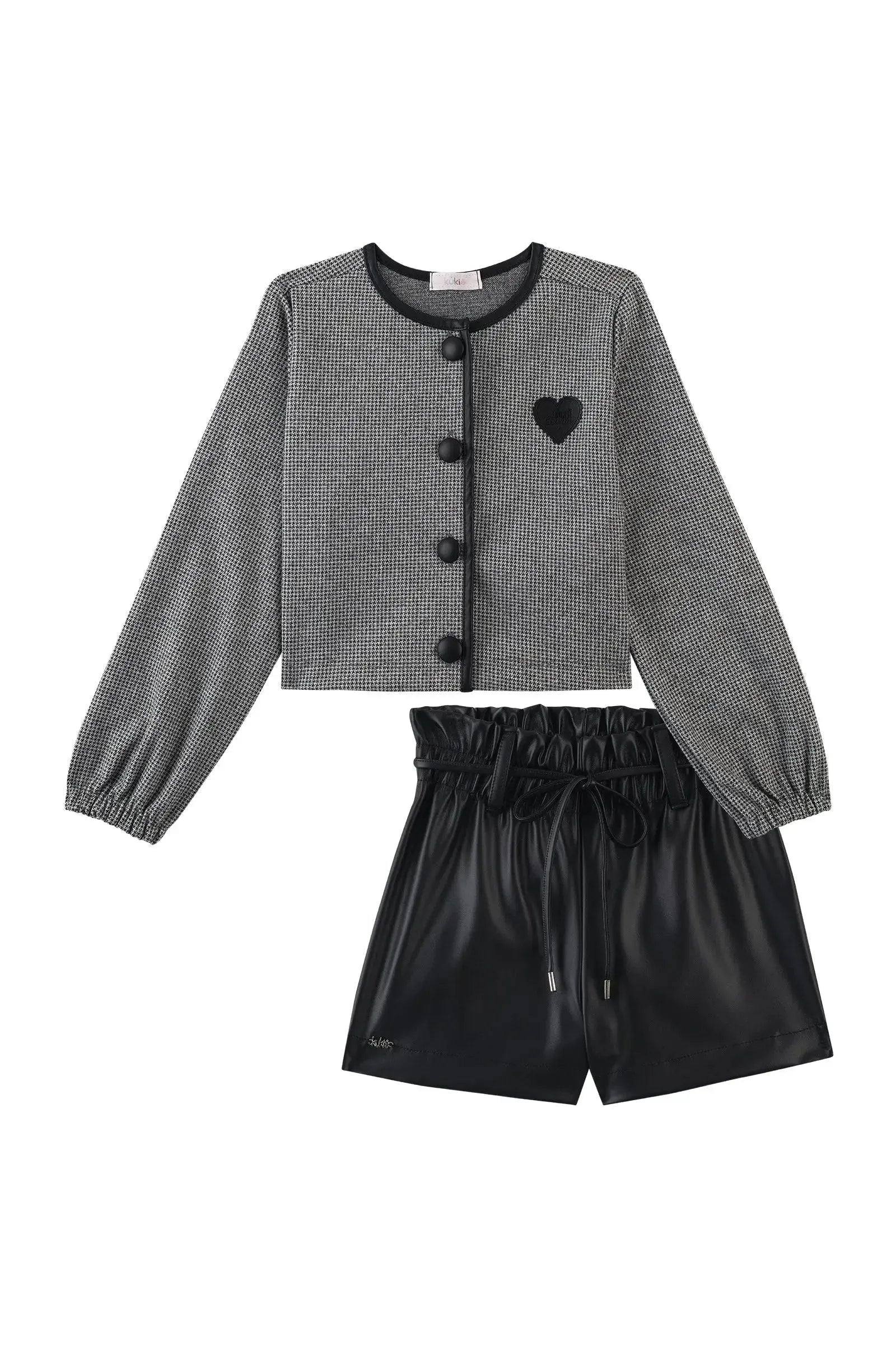 Conjunto de Jaqueta em Lã Pied de Poule e Shorts em Couro Eco 90278 Kukiê Infantil Menina