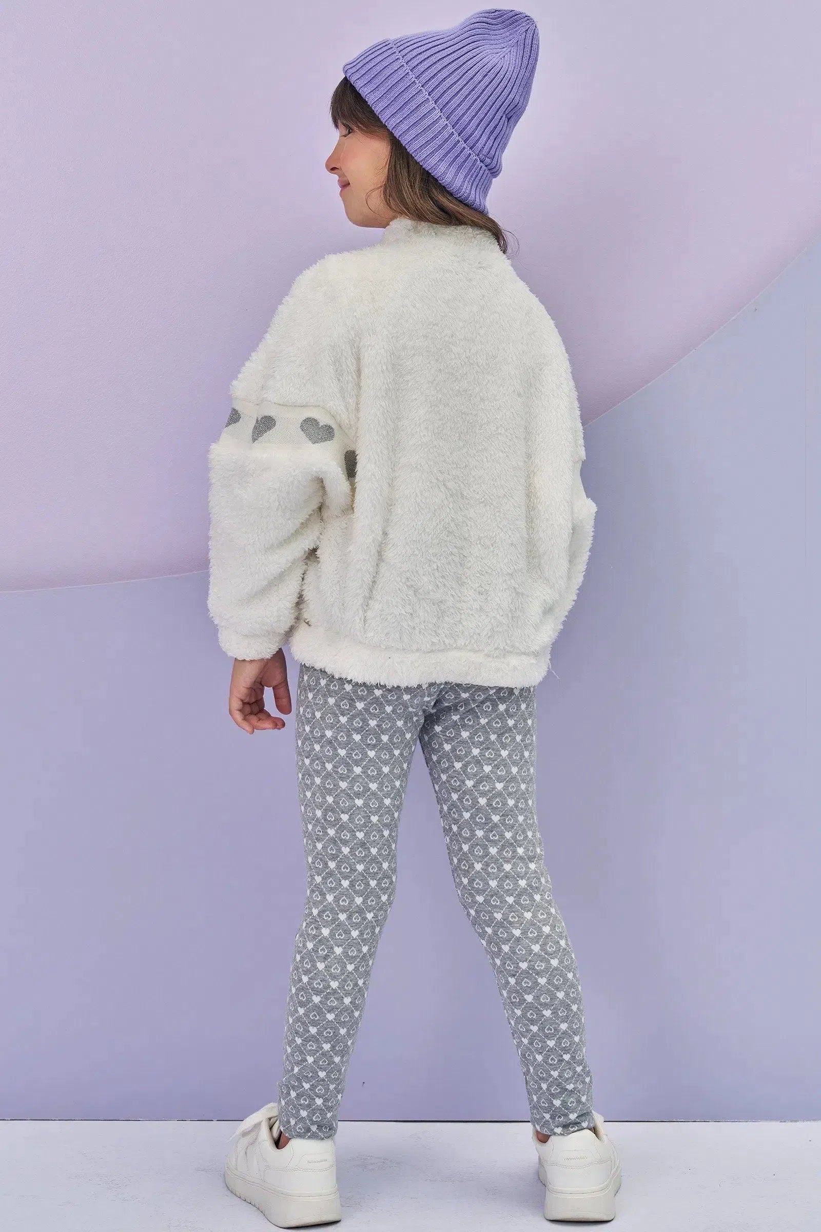 Conjunto de Jaqueta em Pelo Carneirinho e Calça Legging em Jacquard Coração 80387 Infanti Infantil Menina