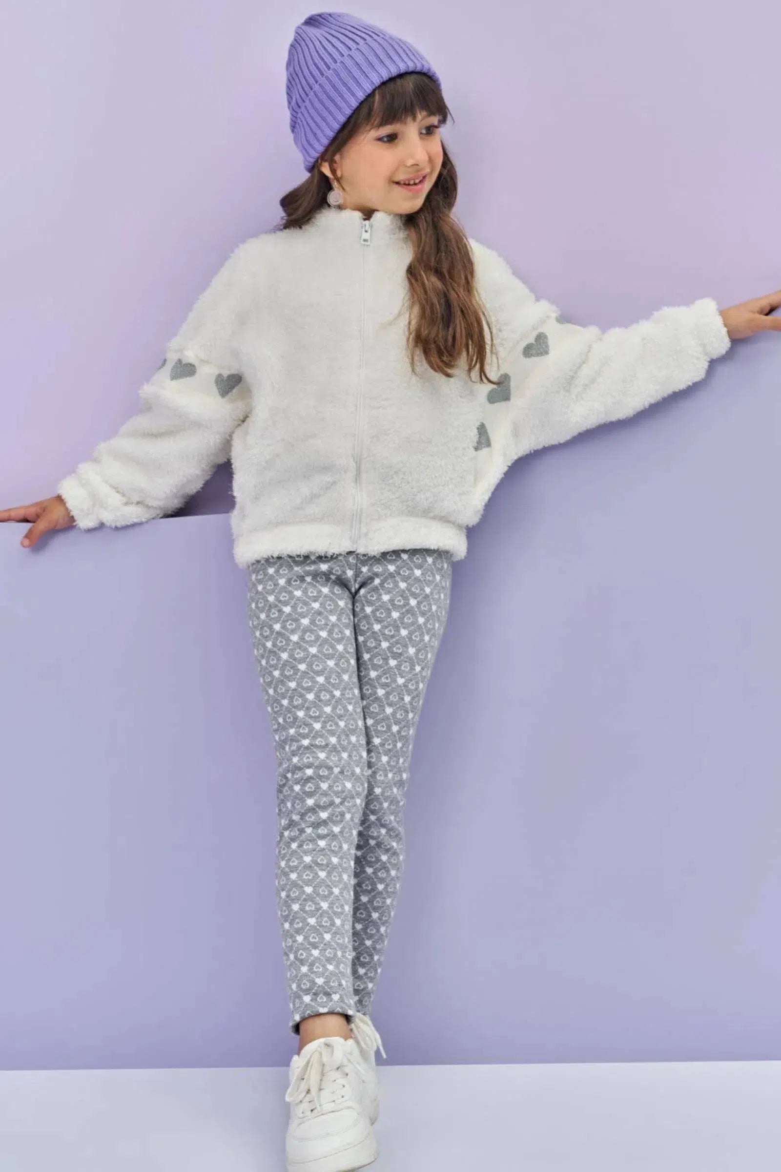 Conjunto de Jaqueta em Pelo Carneirinho e Calça Legging em Jacquard Coração 80387 Infanti Infantil Menina