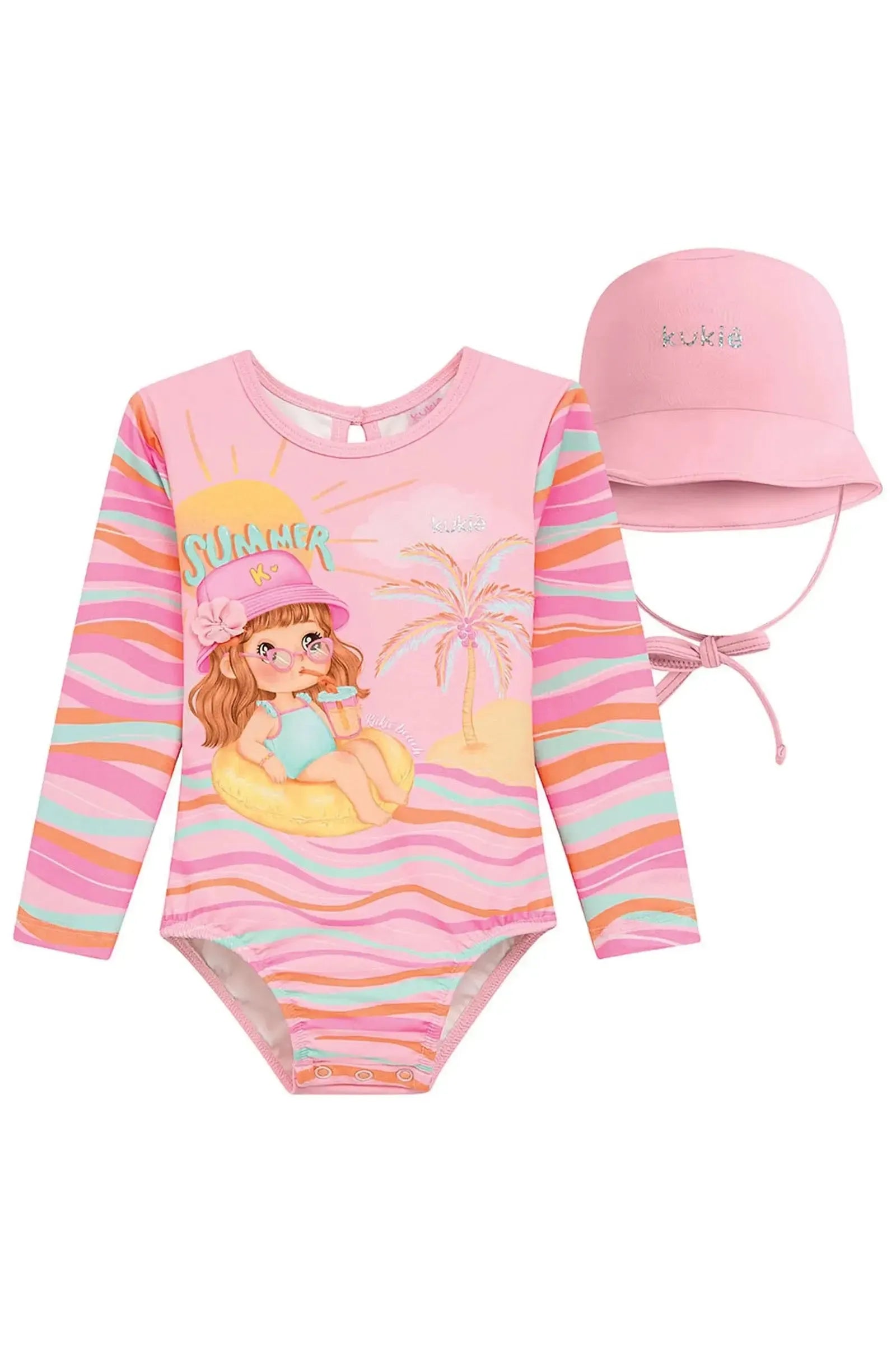 Conjunto de Maiô e Chapéu em Malha com Proteção UV50+ 96249 Kukiê Bebê Menina