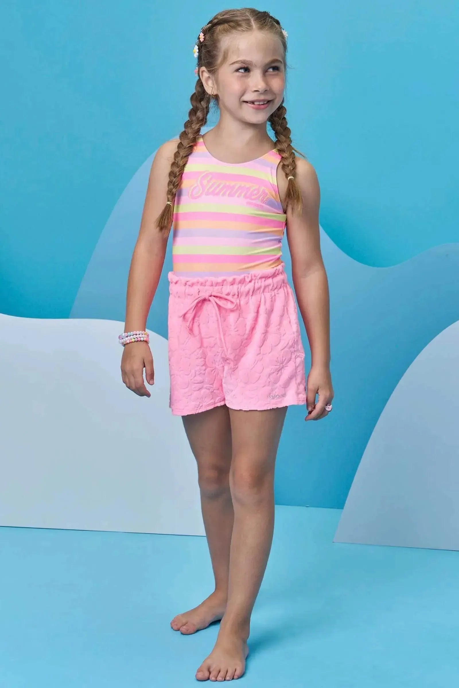 Conjunto de Maiô em Malha UV Dry com Proteção UV 50+ com Shorts em Malha Atoalhada 96220 Infanti Infantil Menina