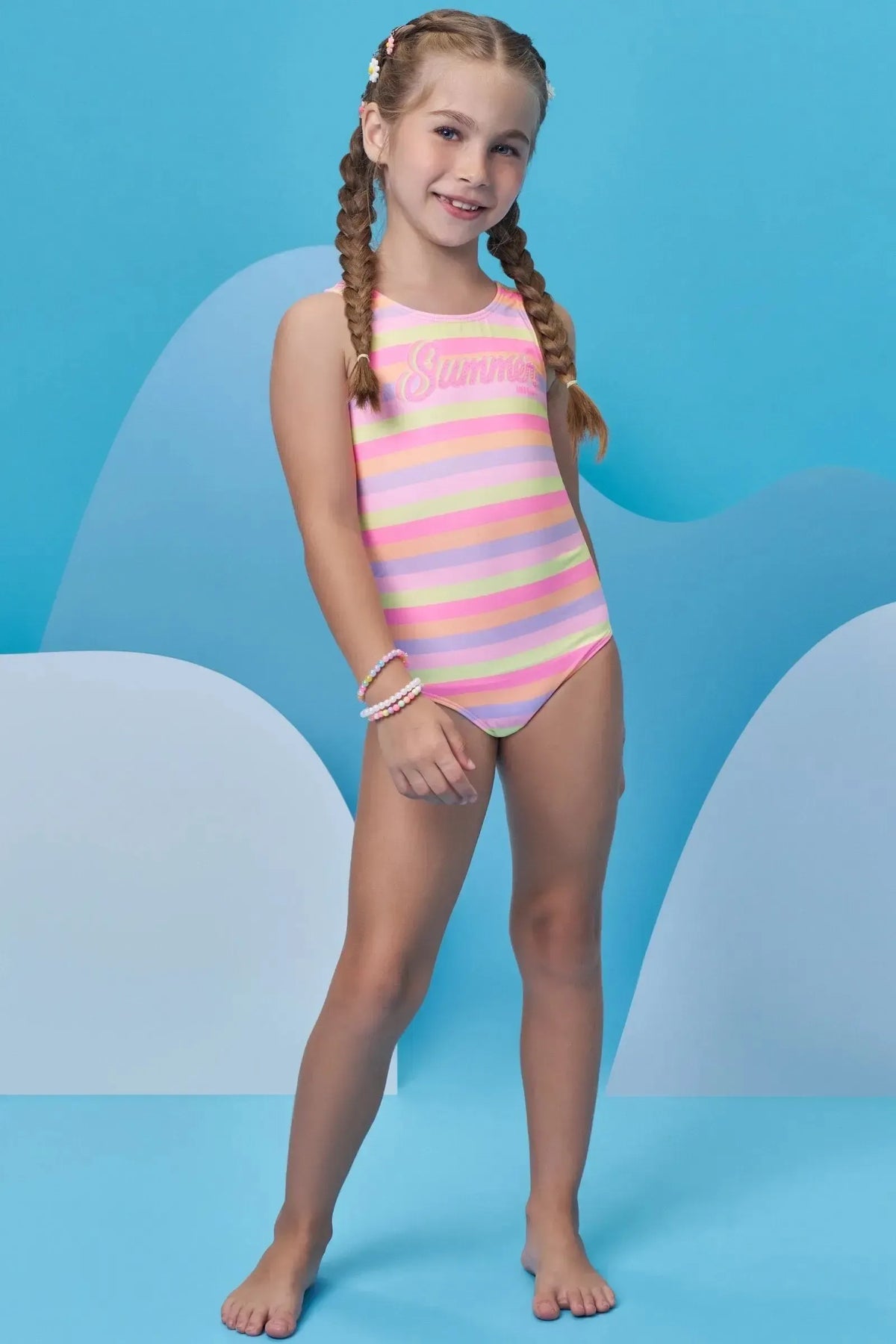 Conjunto de Maiô em Malha UV Dry com Proteção UV 50+ com Shorts em Malha Atoalhada 96220 Infanti Infantil Menina