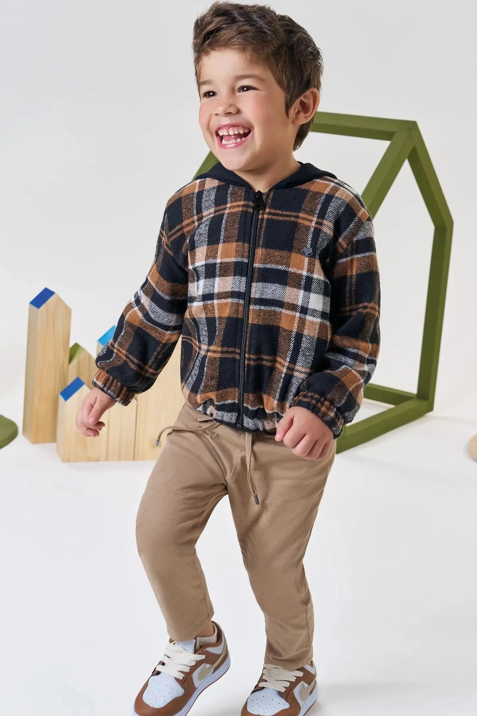 Conjunto de Overshirt em Flanela Xadrez e Calça Comfy em Sarja Girassol com Elastano 92353 Johnny Fox Bebê Menino