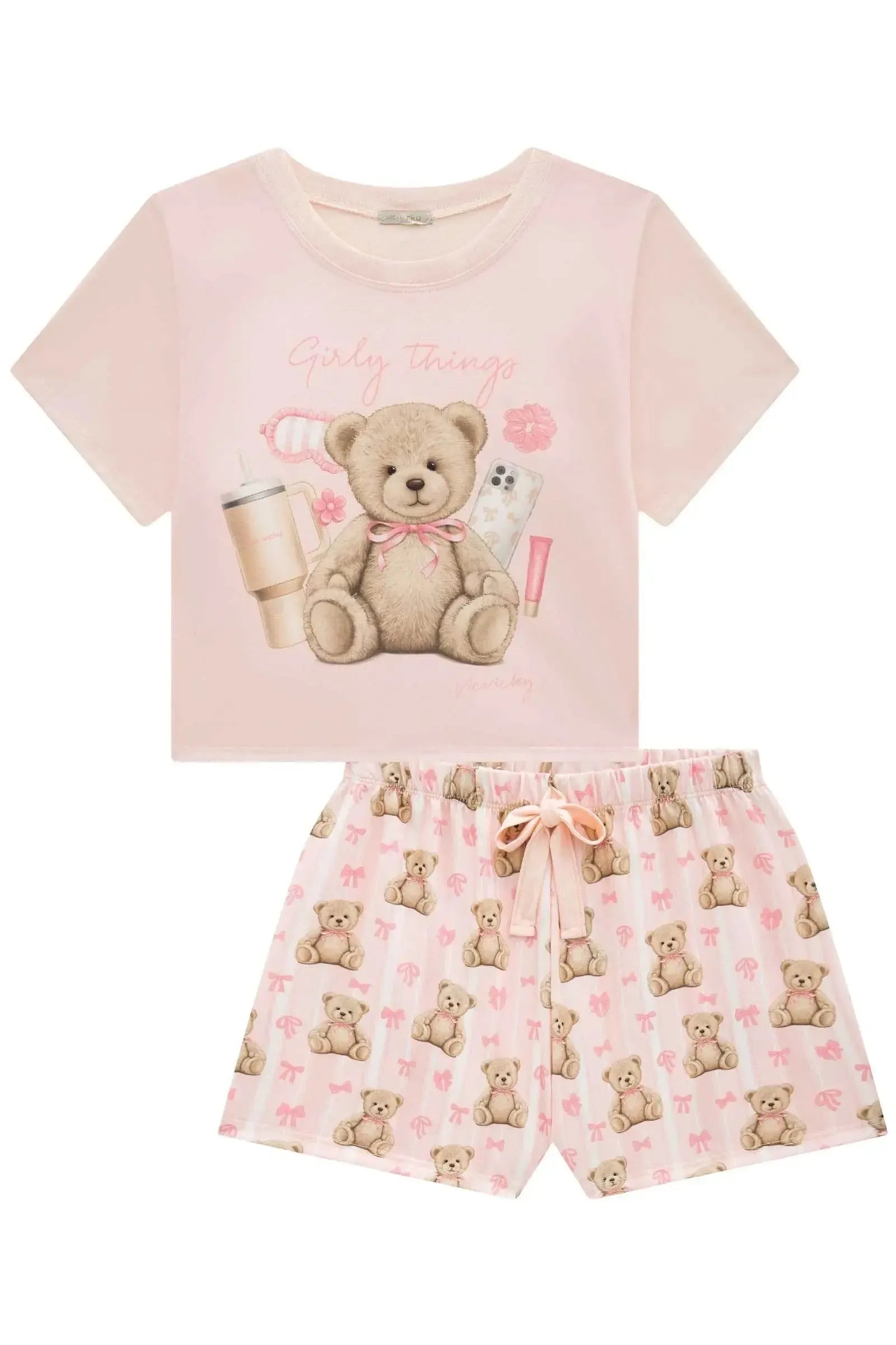Conjunto de Pijama com Blusa em Meia Malha e Shorts em Malha Fresh 95089 Vic&Vicky Teen Menina