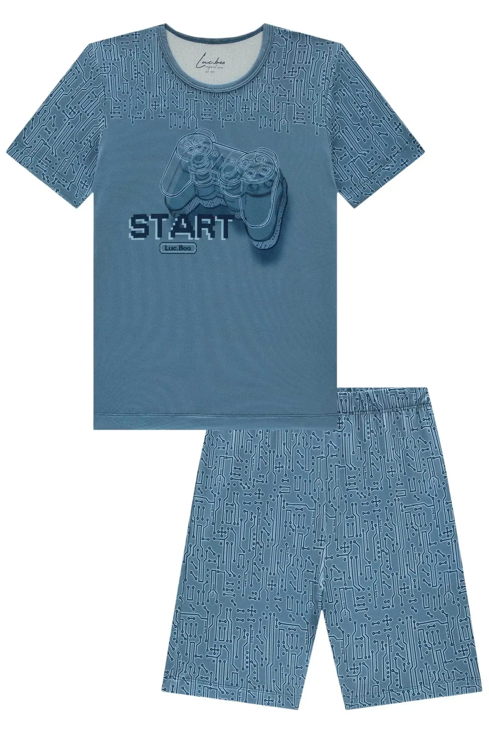 Conjunto de Pijama com Camiseta e Bermuda em Malha Comfy 85518 LucBoo Infantil Menino