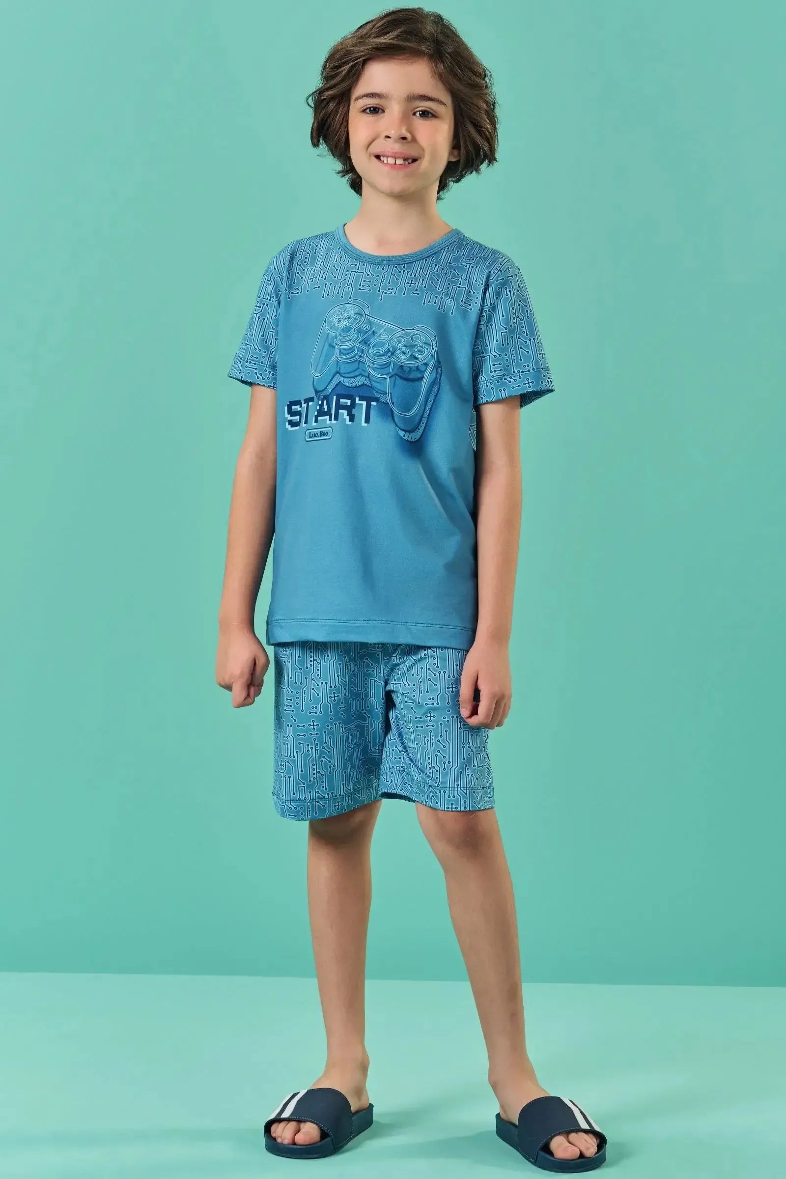 Conjunto de Pijama com Camiseta e Bermuda em Malha Comfy 85518 LucBoo Infantil Menino