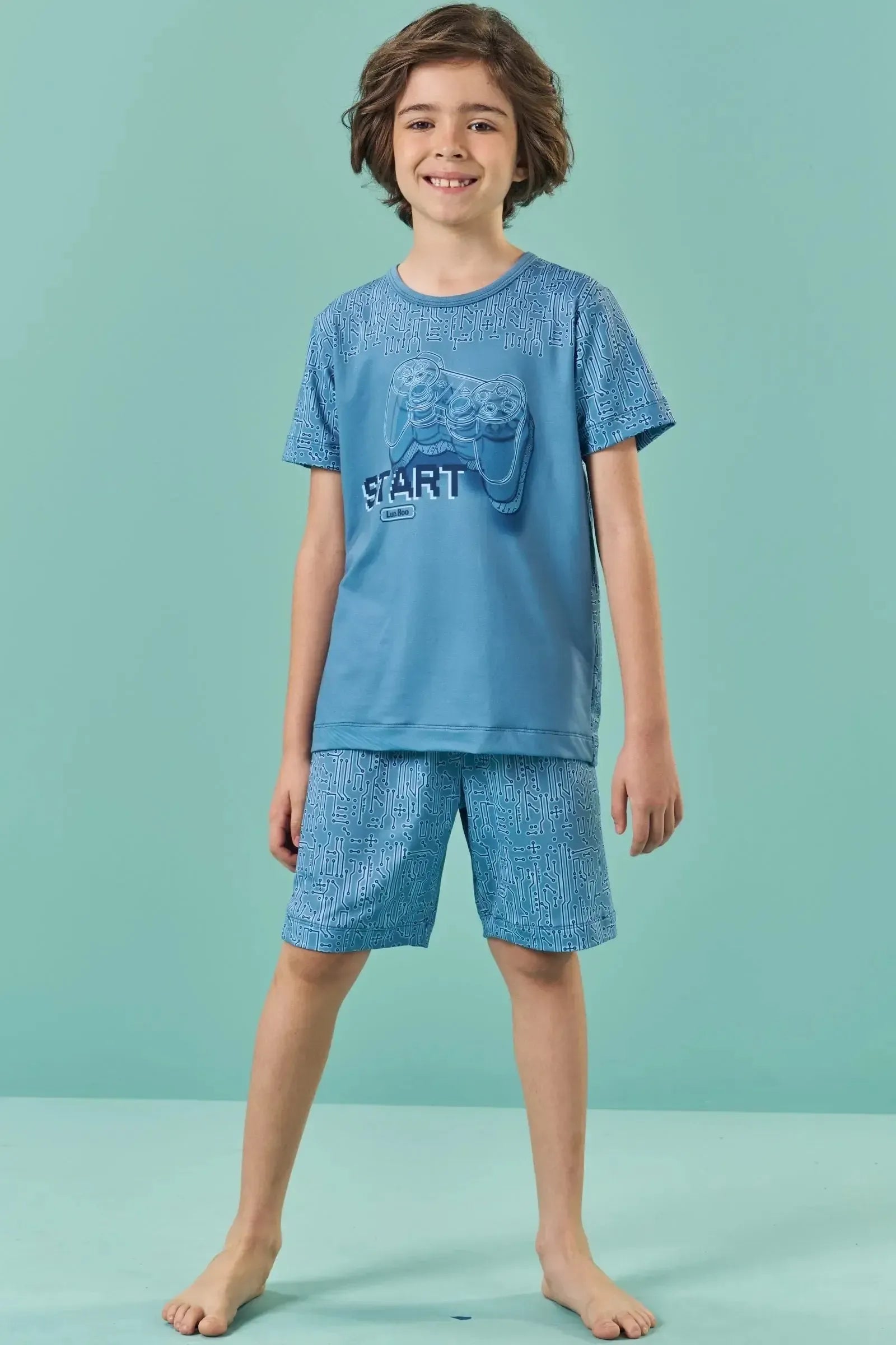Conjunto de Pijama com Camiseta e Bermuda em Malha Comfy 85518 LucBoo Infantil Menino