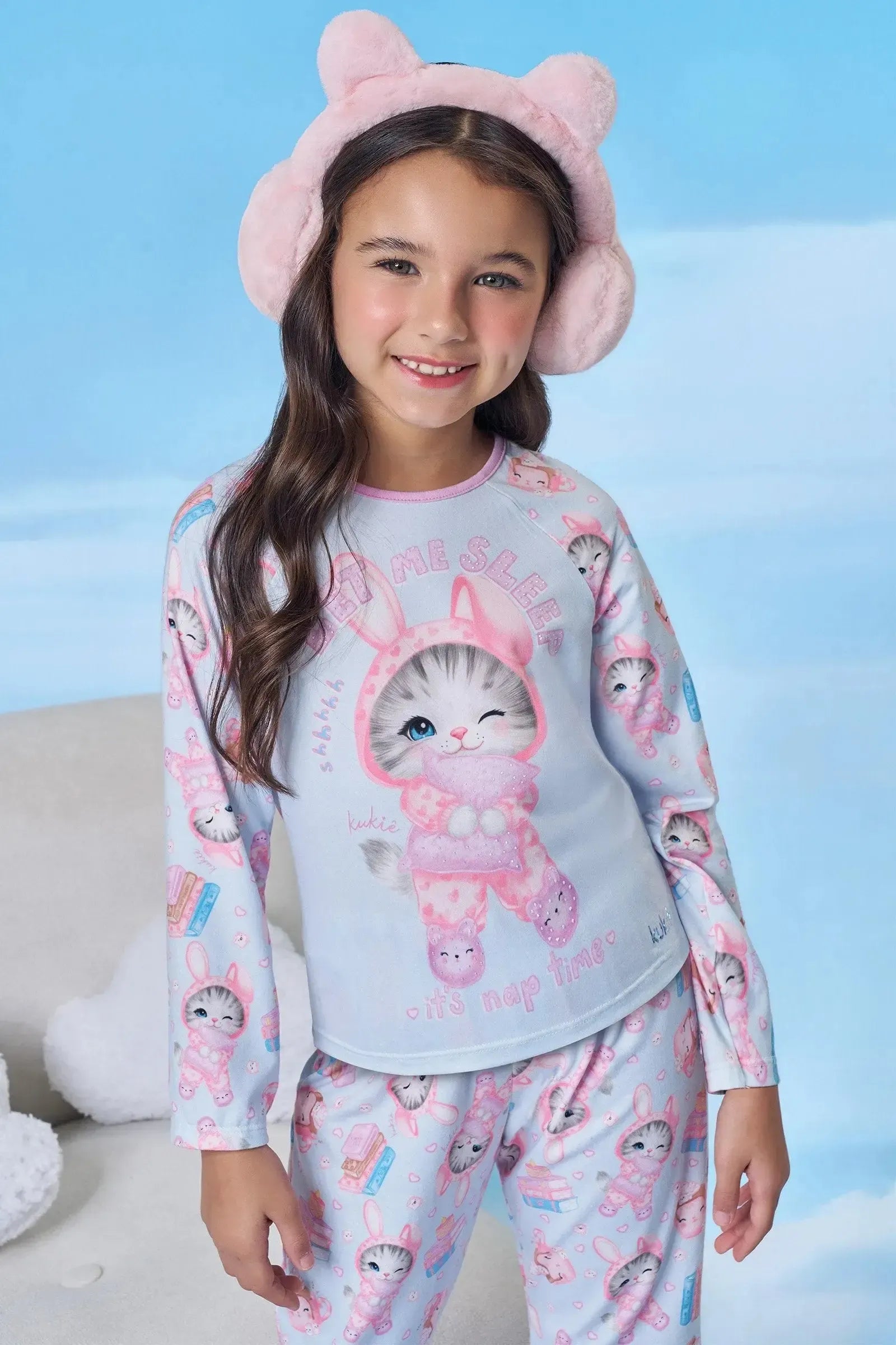 Conjunto de Pijama de Blusa e Calça em Malha Comfy 92503 Kukiê Infantil Menina