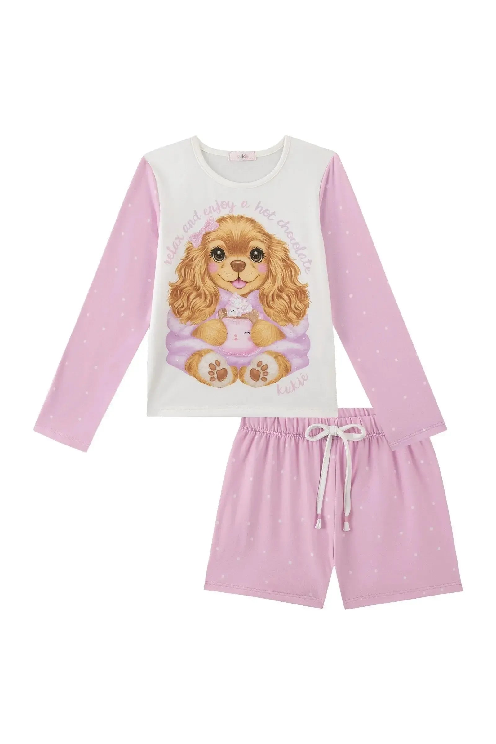 Conjunto de Pijama de Blusa e Shorts em Malha Comfy 89270 Kukiê Infantil Menina