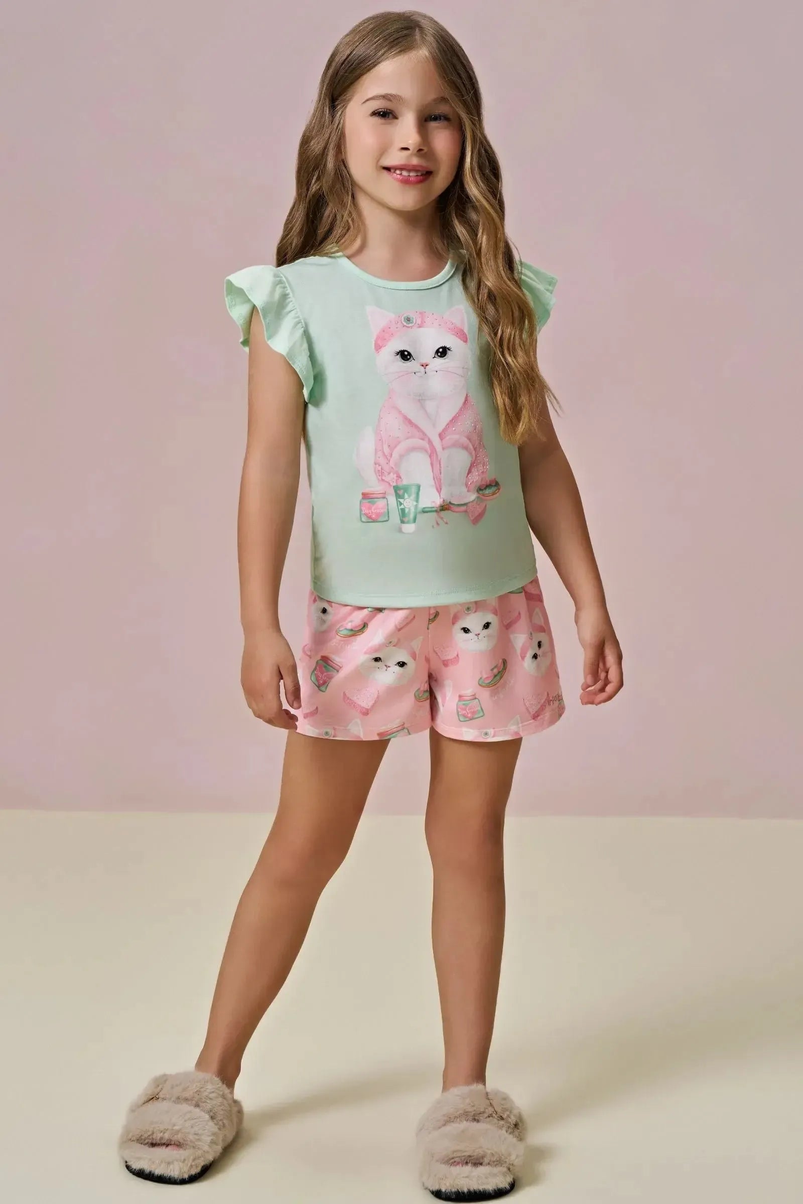 Conjunto de Pijama de Blusa em Meia Malha com Shorts em Malha Comfy 96040 Infanti Infantil Menina