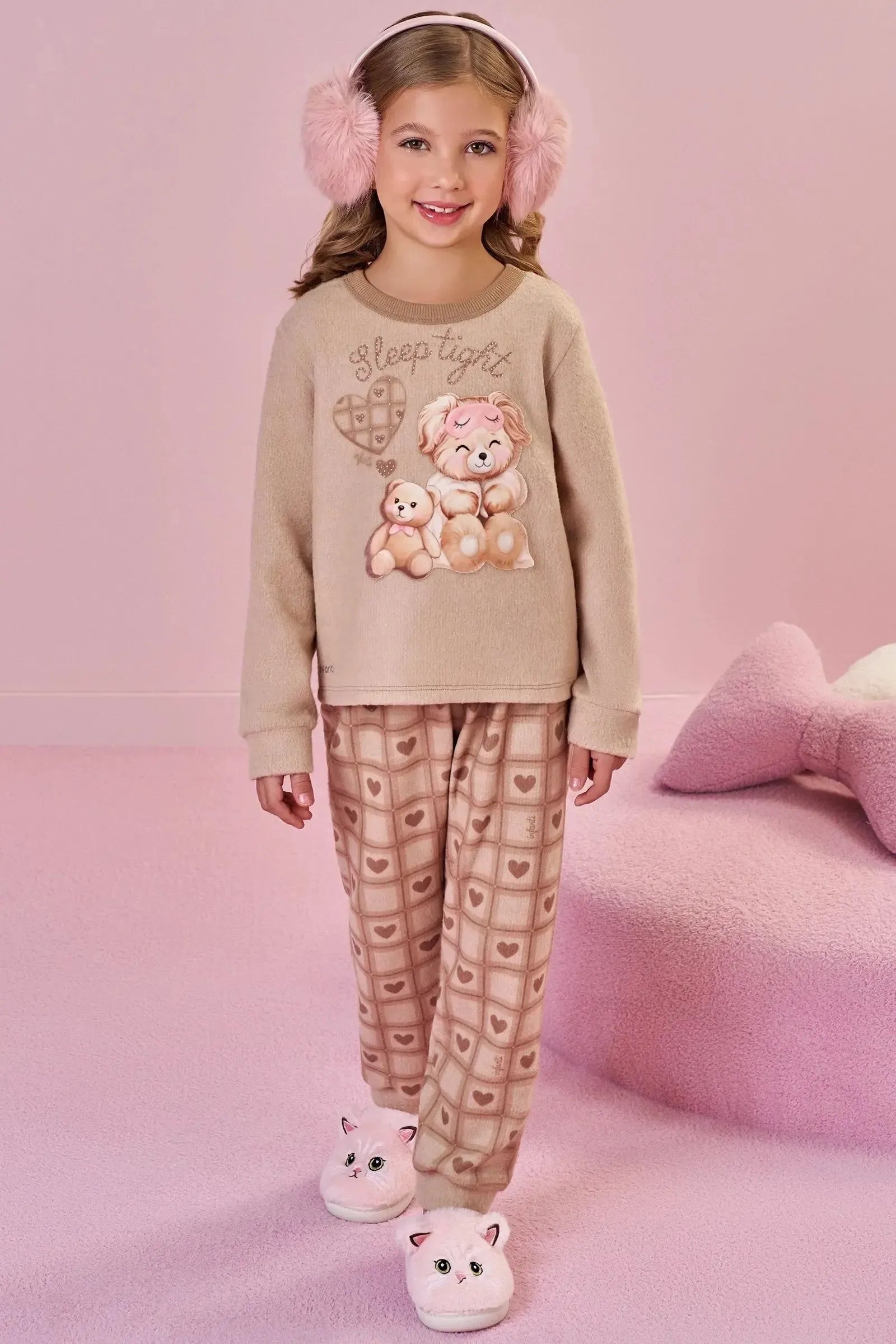 Conjunto de Pijama de Blusão e Calça em Malha Persa 91780 Infanti Infantil Menina