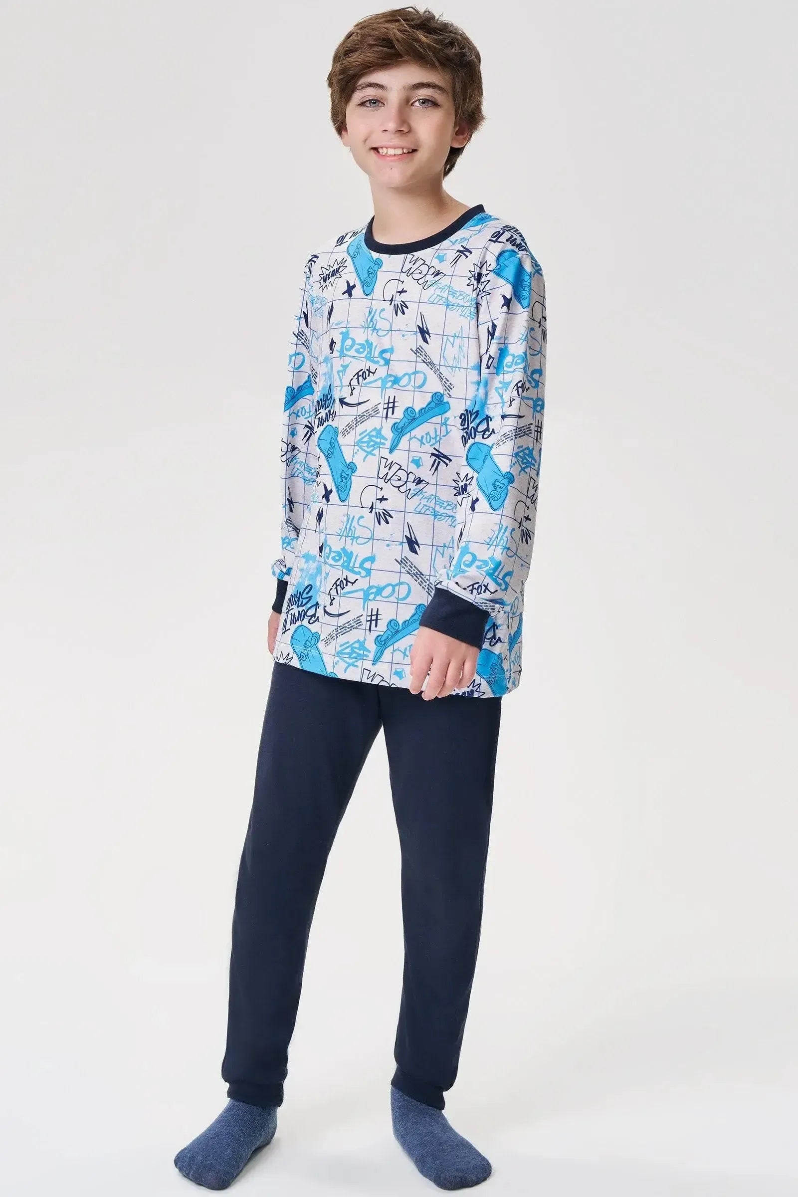 Conjunto de Pijama de Camiseta em Malha Comfy e Calça Jogger em Meia Malha 93397 Johnny Fox Teen Menino