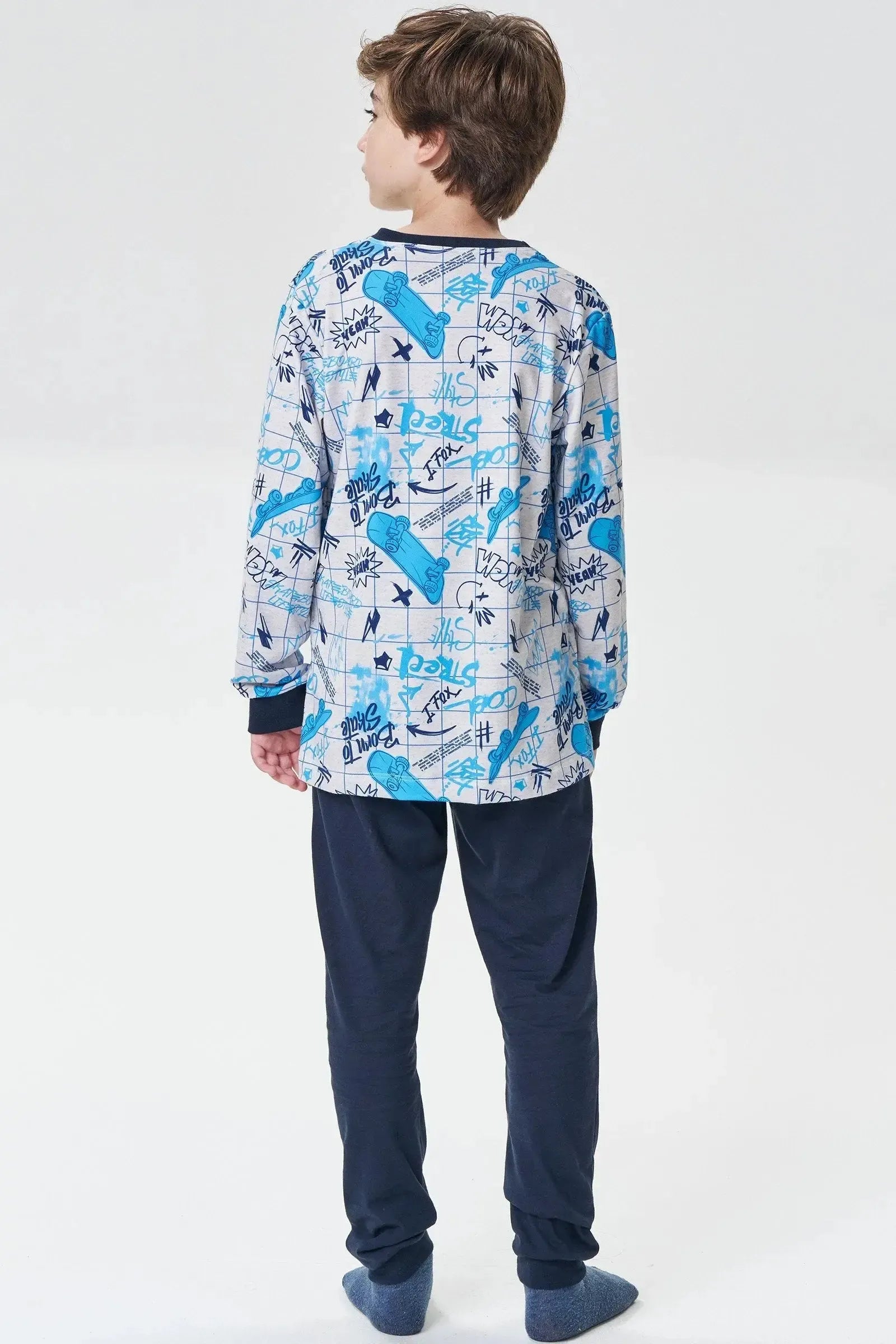 Conjunto de Pijama de Camiseta em Malha Comfy e Calça Jogger em Meia Malha 93397 Johnny Fox Teen Menino