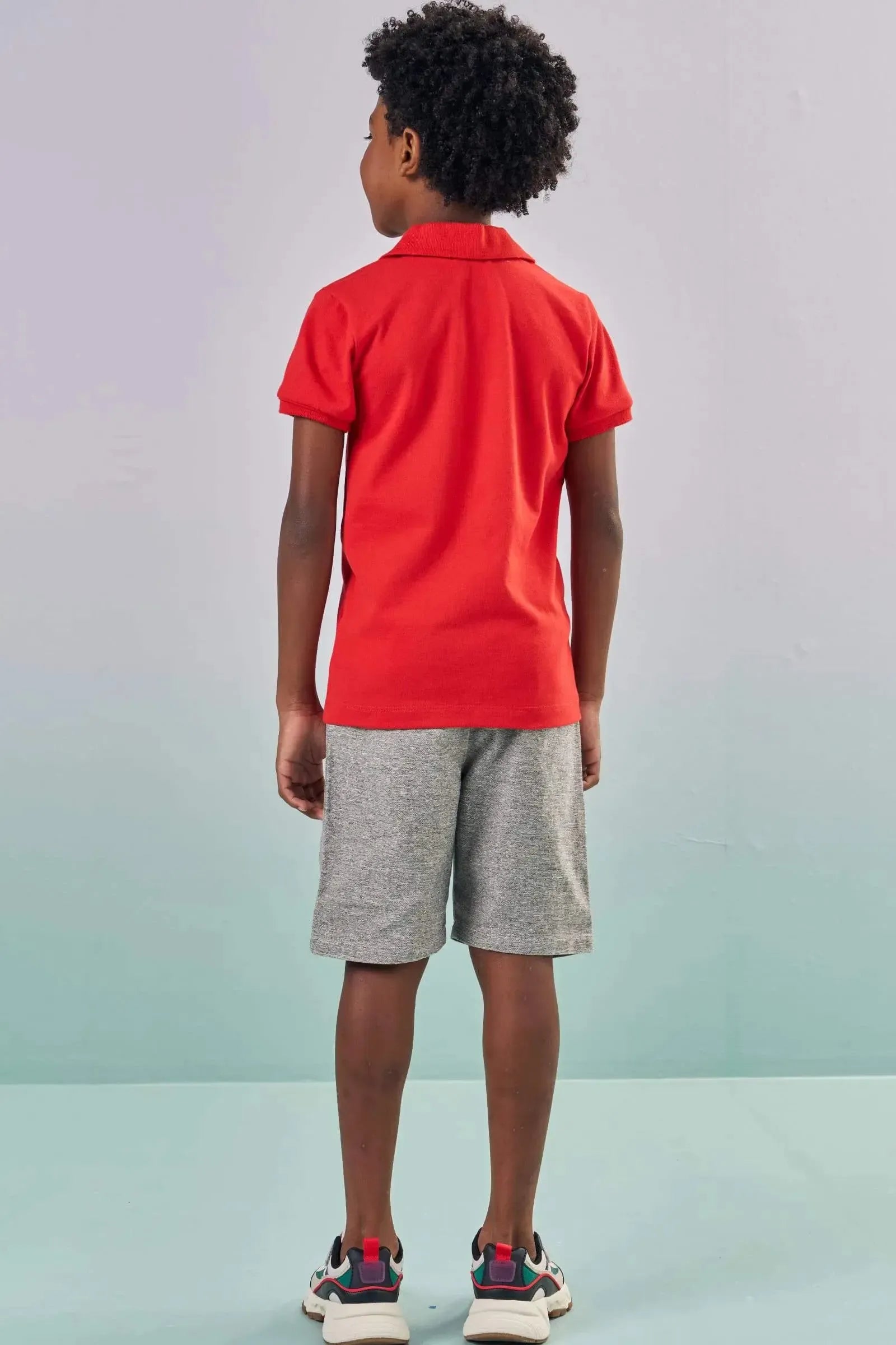 Conjunto de Polo em Piquet com Elastano e Bermuda em Sarja Melange com Elastano Super Power 86990 LucBoo Infantil Menino